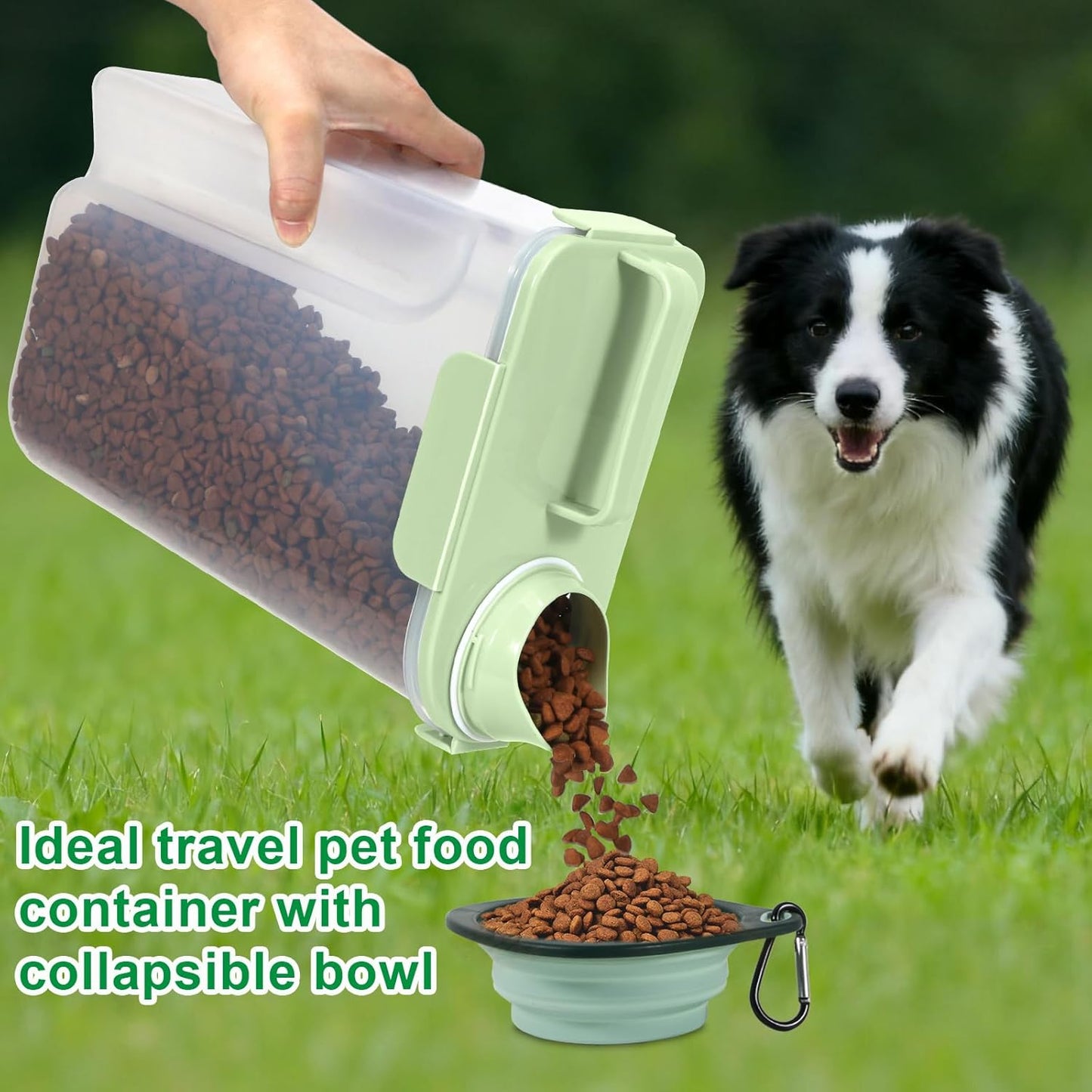 TBMax Travel Dog Food Storage Container 5 lbs with Dog Bowl, Airtight Pet Cat Food Storage Dispenser with Large Spout & Measuring Cup for Kibble Dog Treat Bird Seed Container -Light Green