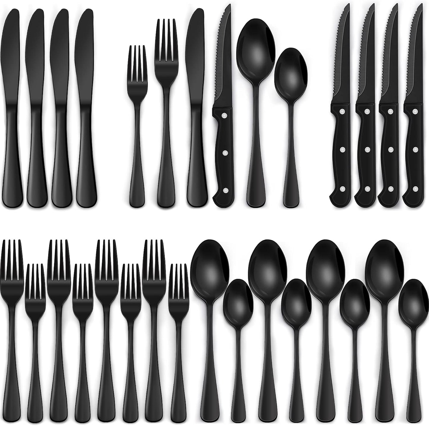 EWFEN 24-Piece Black Silverware Set with Steak Knives, Black Flatware 