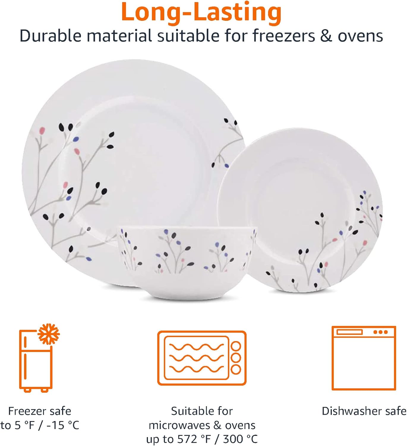 Amazon Basics Dinnerware Set, Microwave and Dishwasher Safe, Service f