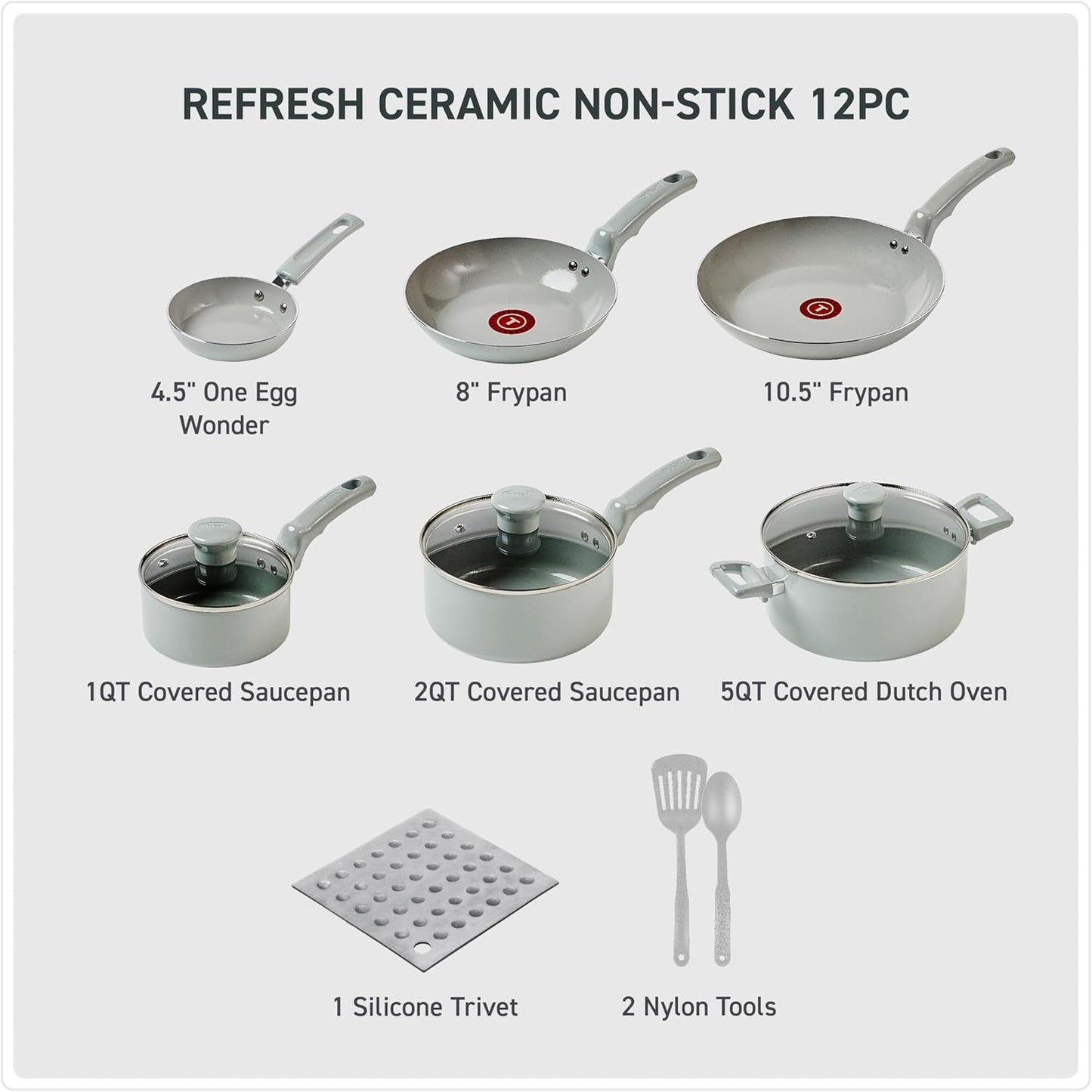 T-Fal Refresh Ceramic Nonstick Cookware Set, 12-Piece Ceramic Pots and