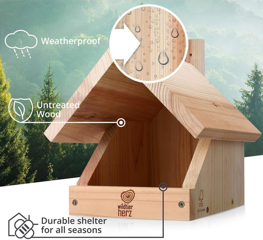 Solid Wood Blackbird Nesting Box - Weatherproof & Untreated, Wooden Bird Houses for Semi-Cavity Breeders - Blackbirds, Robins & More - 25 x 28.5 x 27 cm