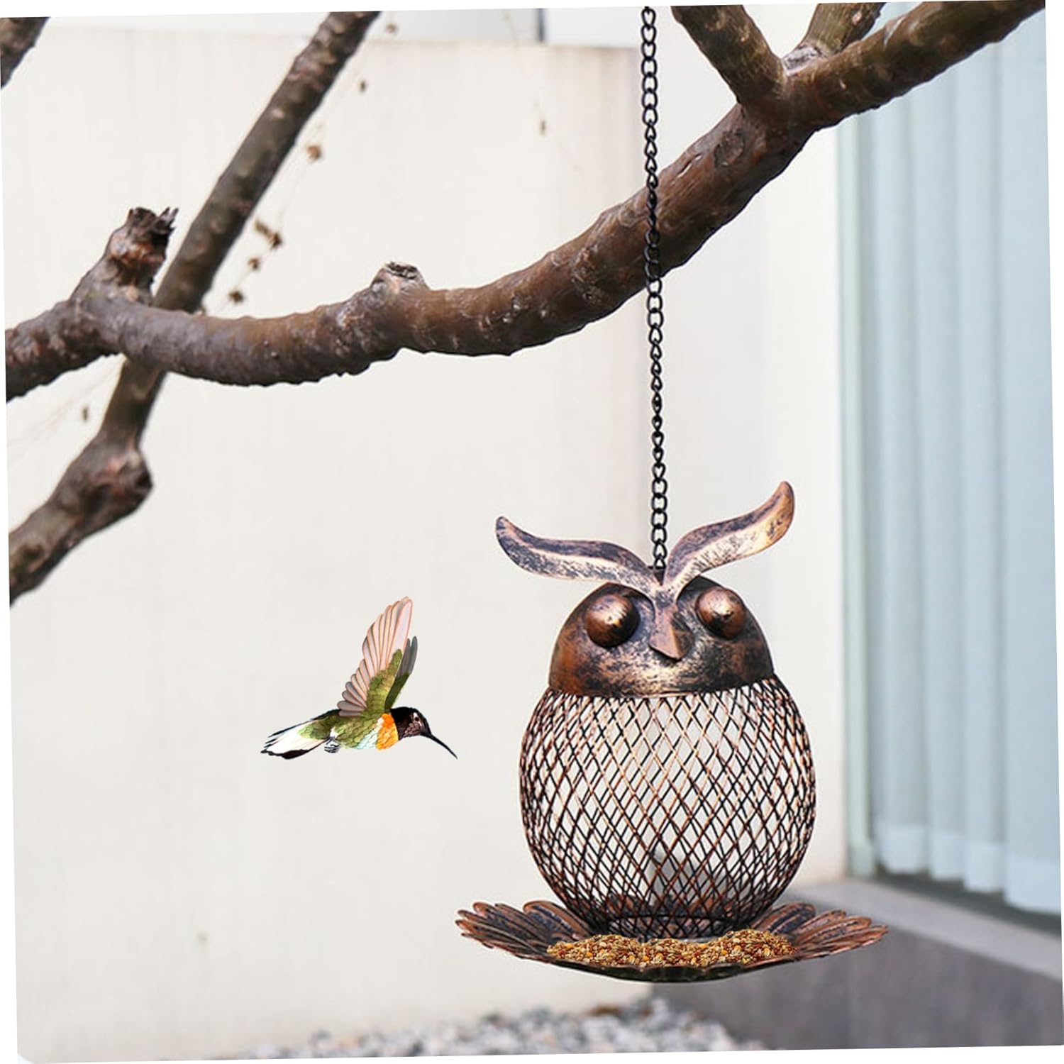 Metal Bird Feeder 6 Inch Owl-Shaped Hanging Bird Feeder with Hollow Ou