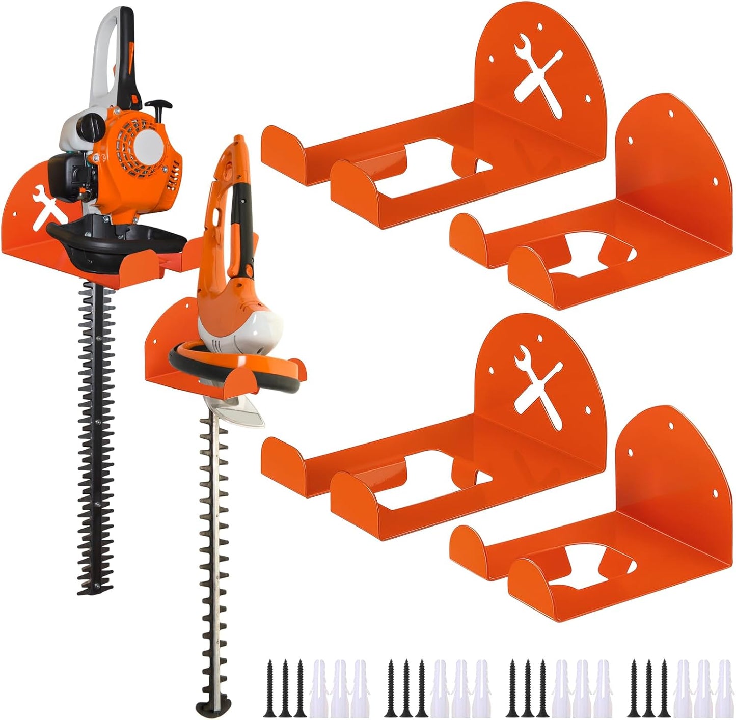 4 Pack Upgraded Trimmer Rack Wall Mount 8" and 5.9" Heavy Duty Weed Eater Hanger for Garage Wall Bracket Garden Power Tool Holder Organizer Hooks for Grass Hedge Trimmer, Leaf Blower, Chainsaw