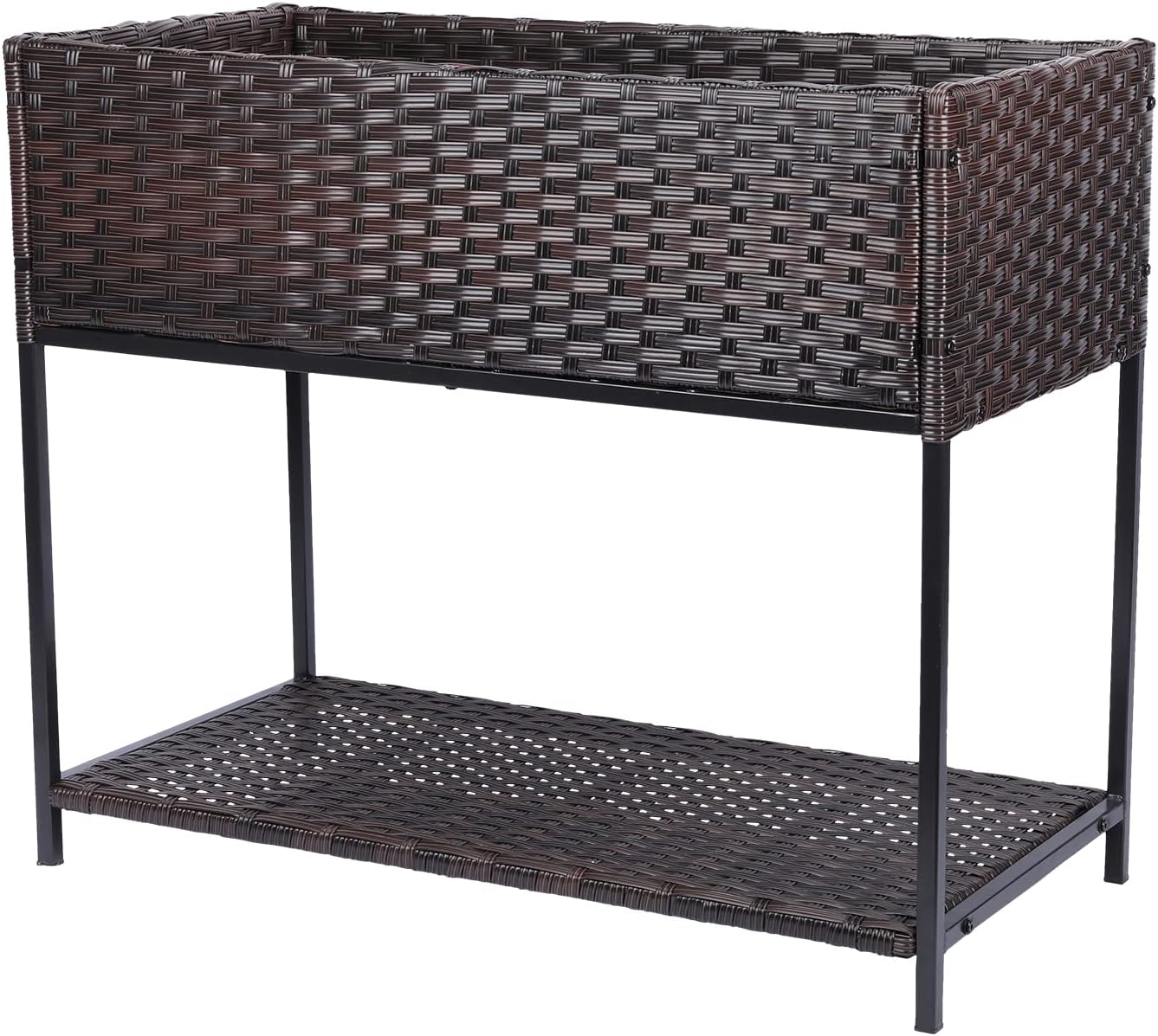Raised Garden Bed - Rattan Raised Bed Wicker Elevated Raised Garden Bed with Underneath Tool Storage Rack Outdoor Raised Planter Box