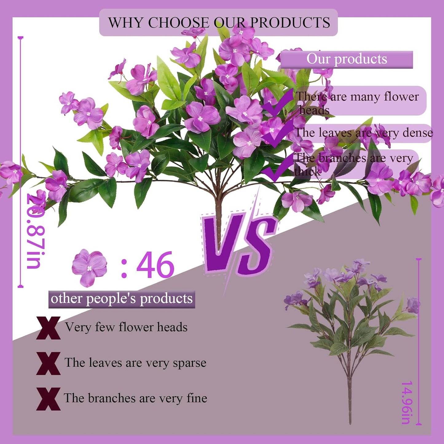 Artificial Flowers for Outdoors 2Pcs Faux Impatiens for Outdoor Planters UV Resistant Purple Silk Flowers Outside Artificial Impatiens Plants Bush for Front Porch Patio Garden Pot Balcony Decor
