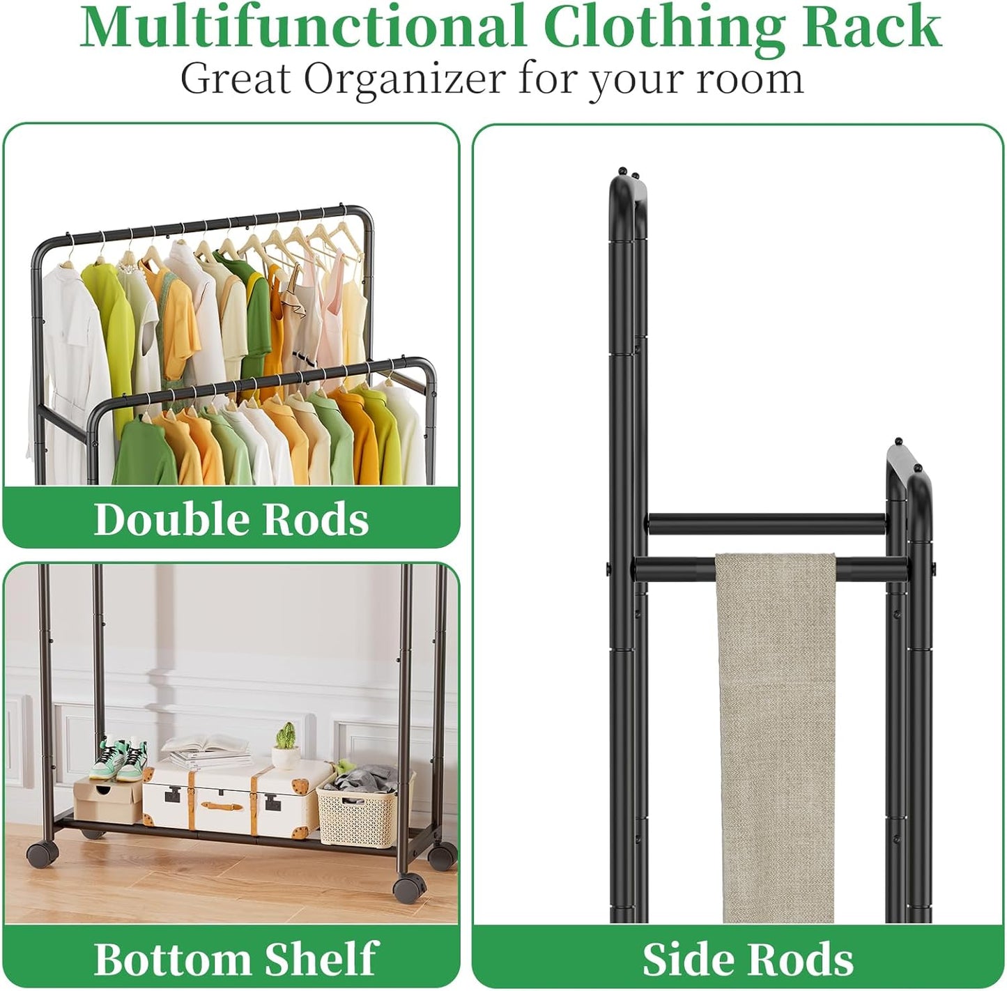 Simple Trending Clothing Clothes Rack Double Rods with Wheels, Rolling Metal Garment Rack for Hanging, Black