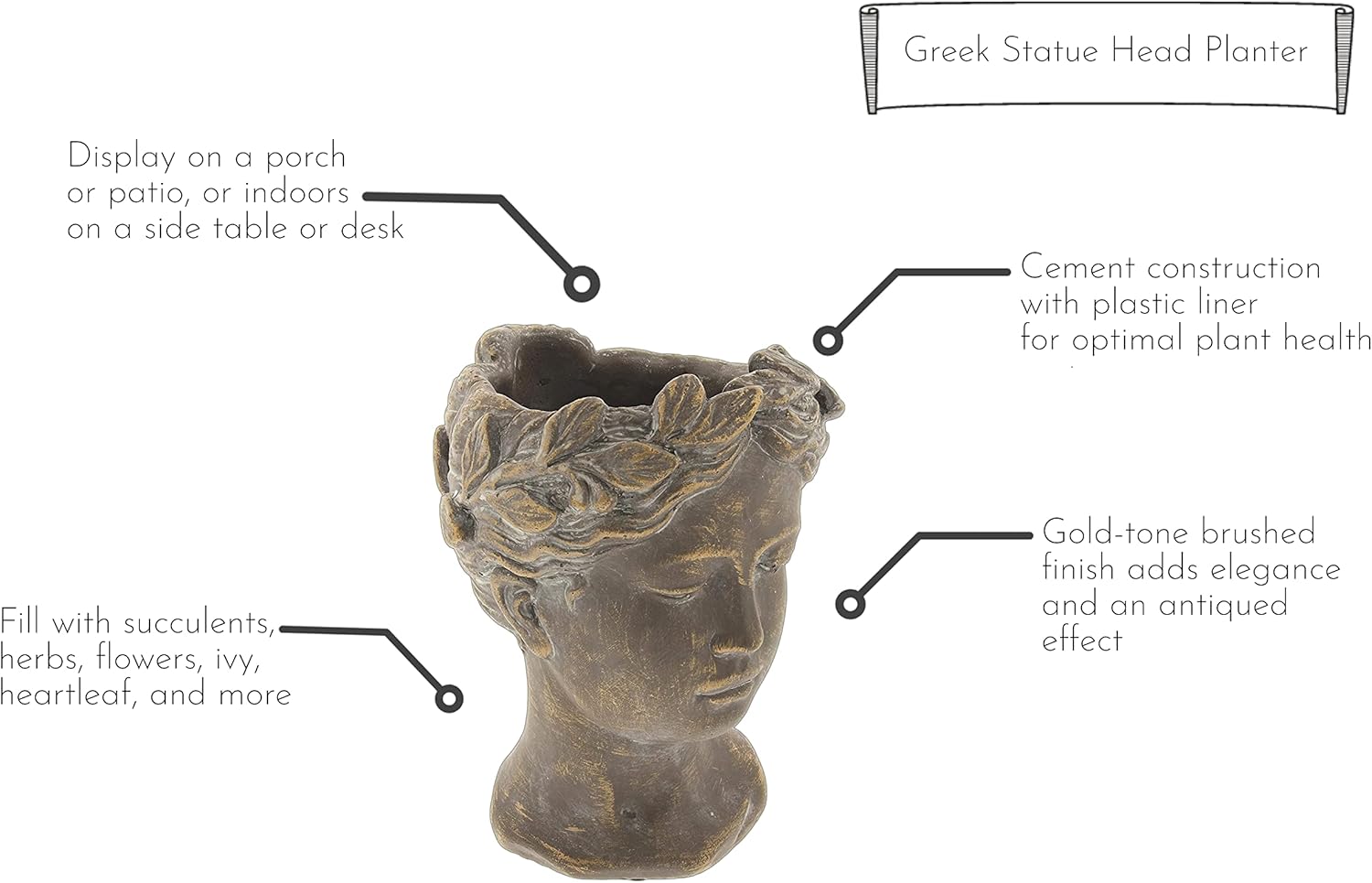 Greek/Roman Style Female Statue Head Cement Planter - Unique Planter P