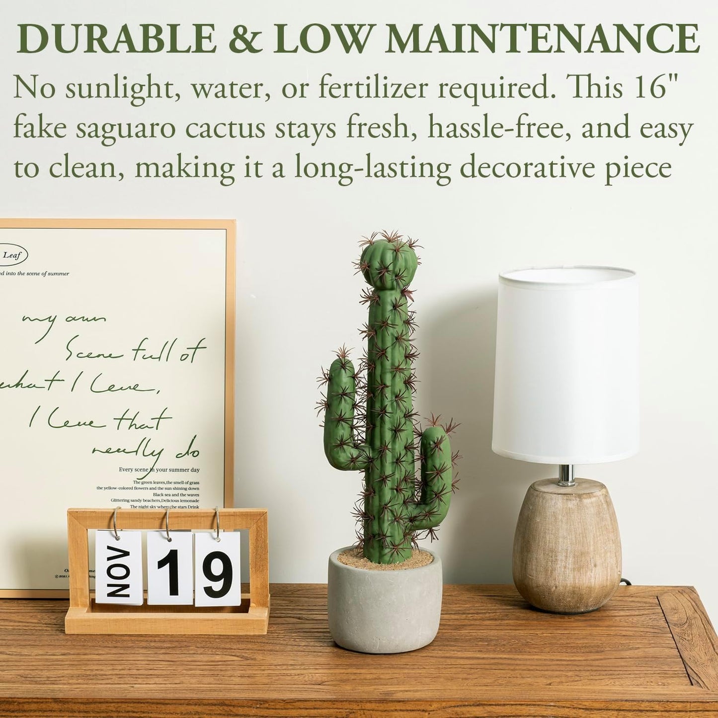 MyGift 16 Inch Artificial Fake Cactus Saguaro Plant in Cement Planter Pot, Southwest Decor Indoor Faux House Plant