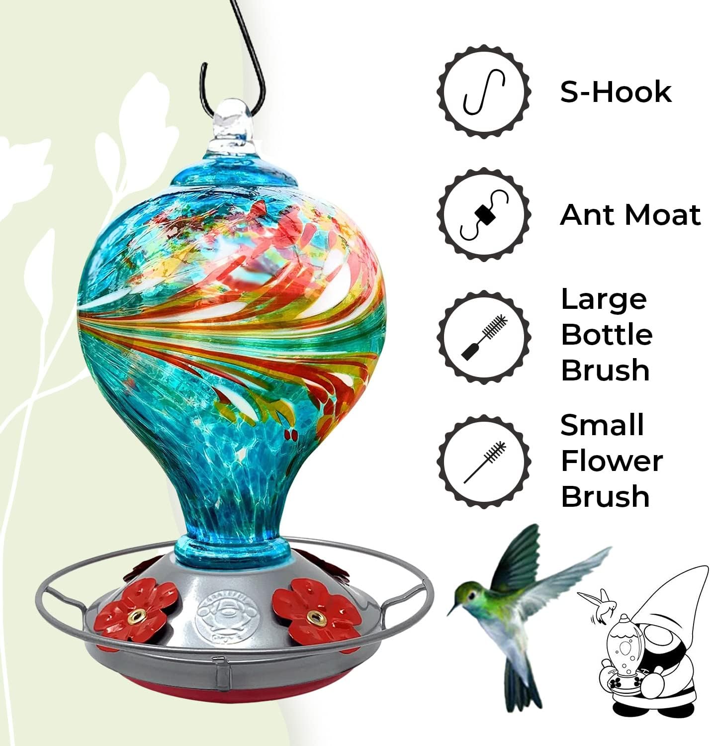 Hummingbird Feeder by Grateful Gnome - Large Hand Blown Stained Glass 