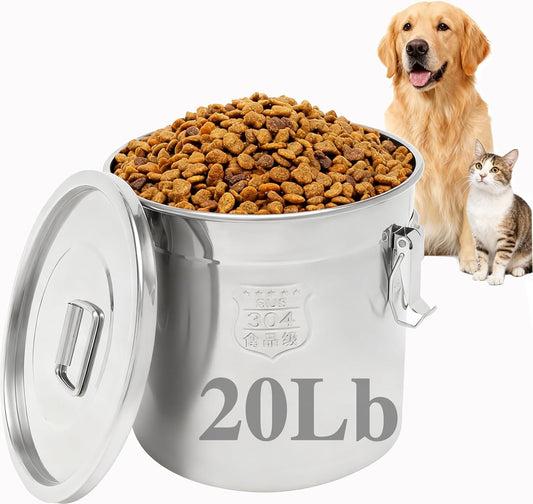 20 Lbs Stainless Steel Dog Food Storage Containers with Airtight Lid and Locking Clamp, Large Metal Dog Food Bin, Pet Food Storage Container for Dogs, Cats & Birds, Keep Fresh