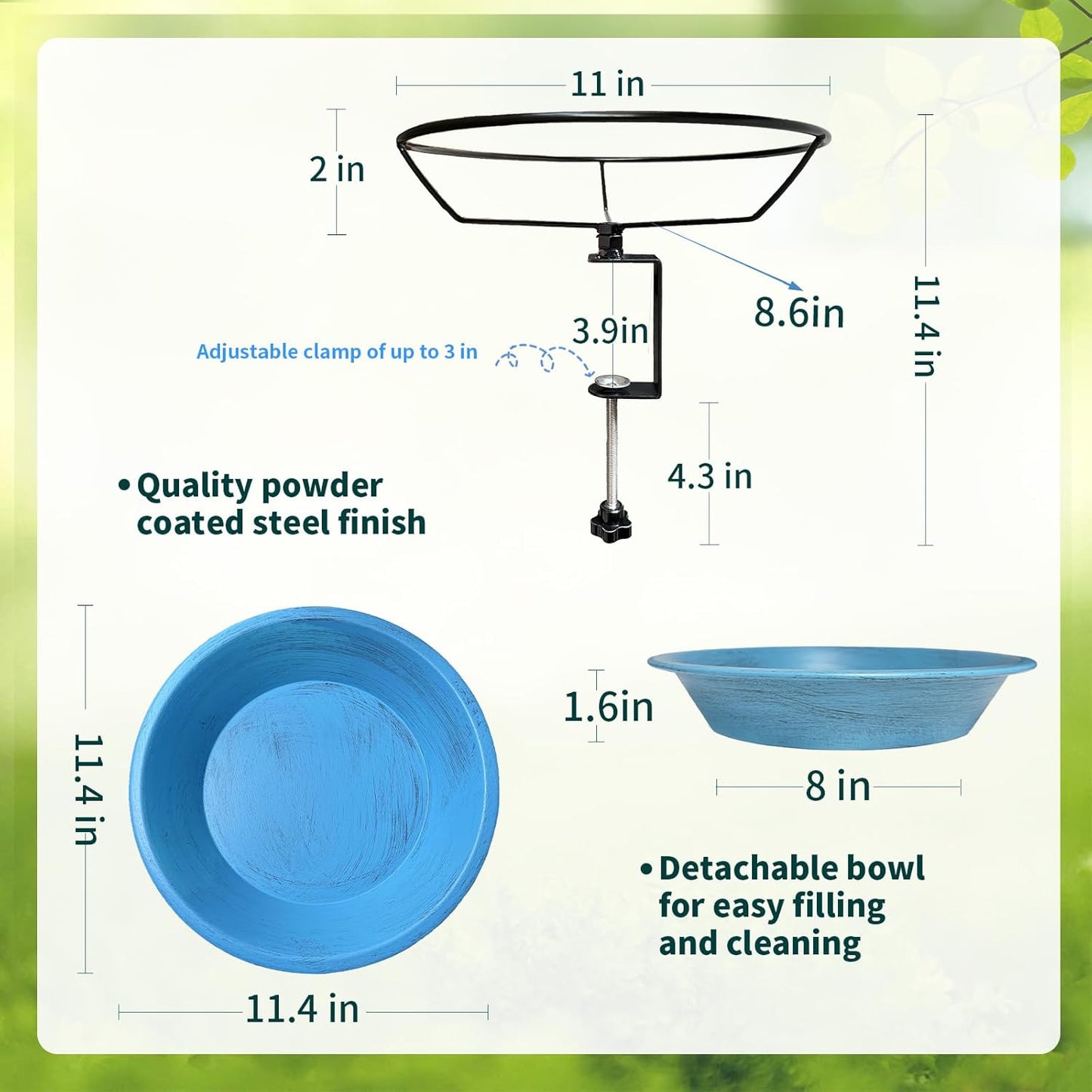 Bird Bath Deck Mounted Bowl 12 Inch Metal Bird Baths with Adjustable Sturdy Metal Clamp for Deck Railing Balcony Bird Feeder for Garden Yard and Lawn Decoration-Blue