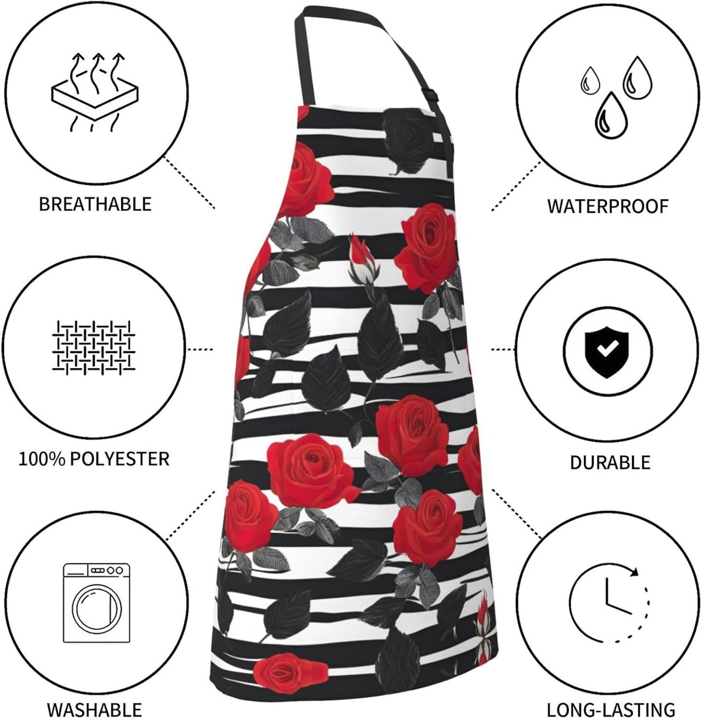 Black White Stripes Red Rose Flowers print Waterproof chef's apron wit
