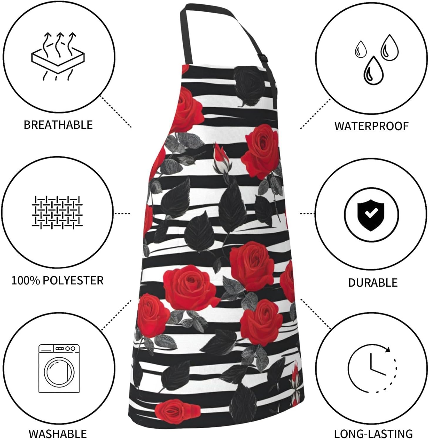 Black White Stripes Red Rose Flowers print Waterproof chef's apron wit