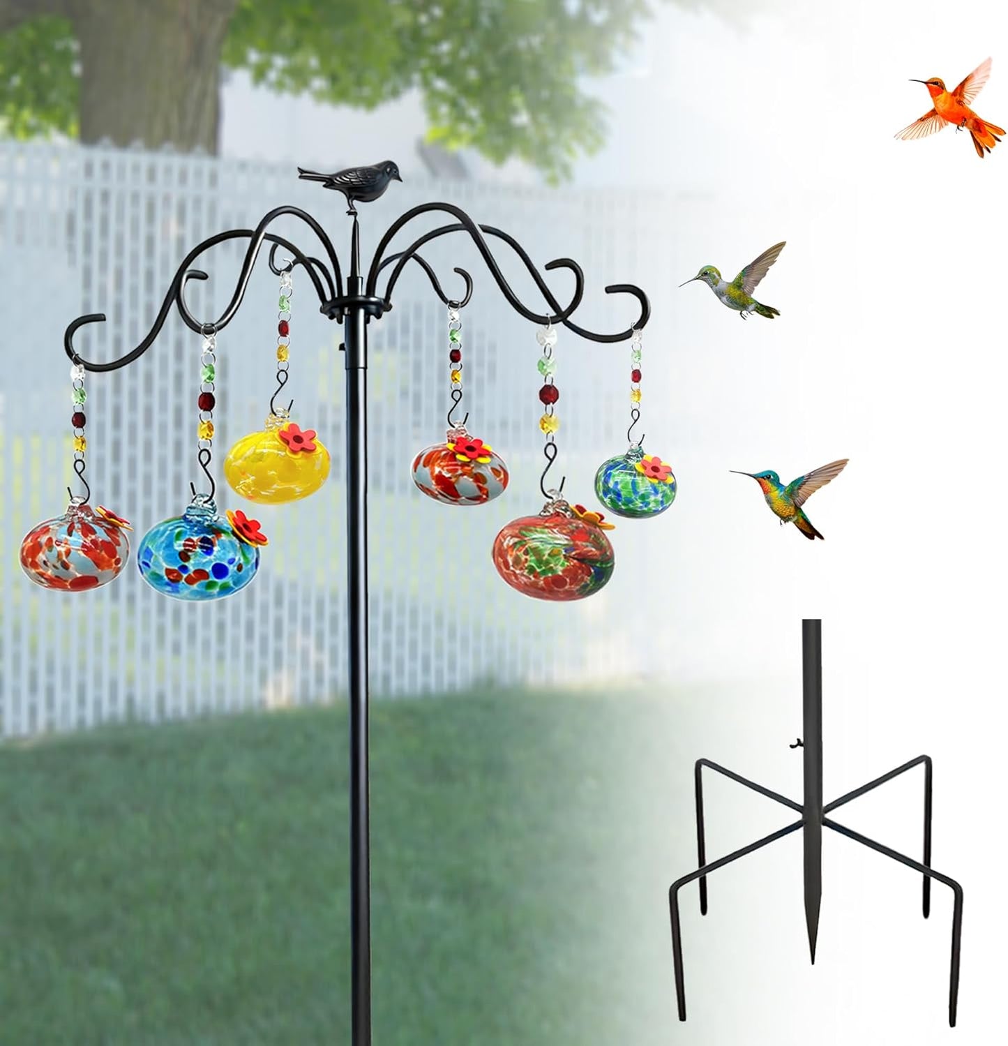 Adjustable Hummingbird Feeder Poles for Outdoors Decorative, Hand Blown Glass Hummingbird Feeders for Outside for Garden Patio Backyard Decor (A)