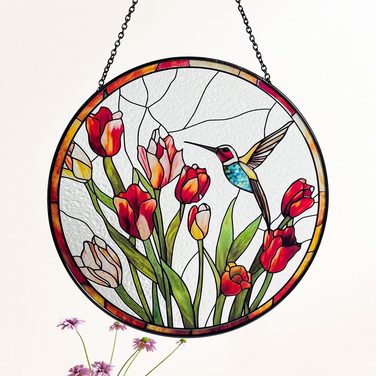 Hummingbird and Tulips Stained Glass Suncatcher - Handcrafted Real Glass Window Hanging for Home, Garden, and Patio Decor - 7.8 inch Round Decorative Art Gift for Nature Lovers and Moms