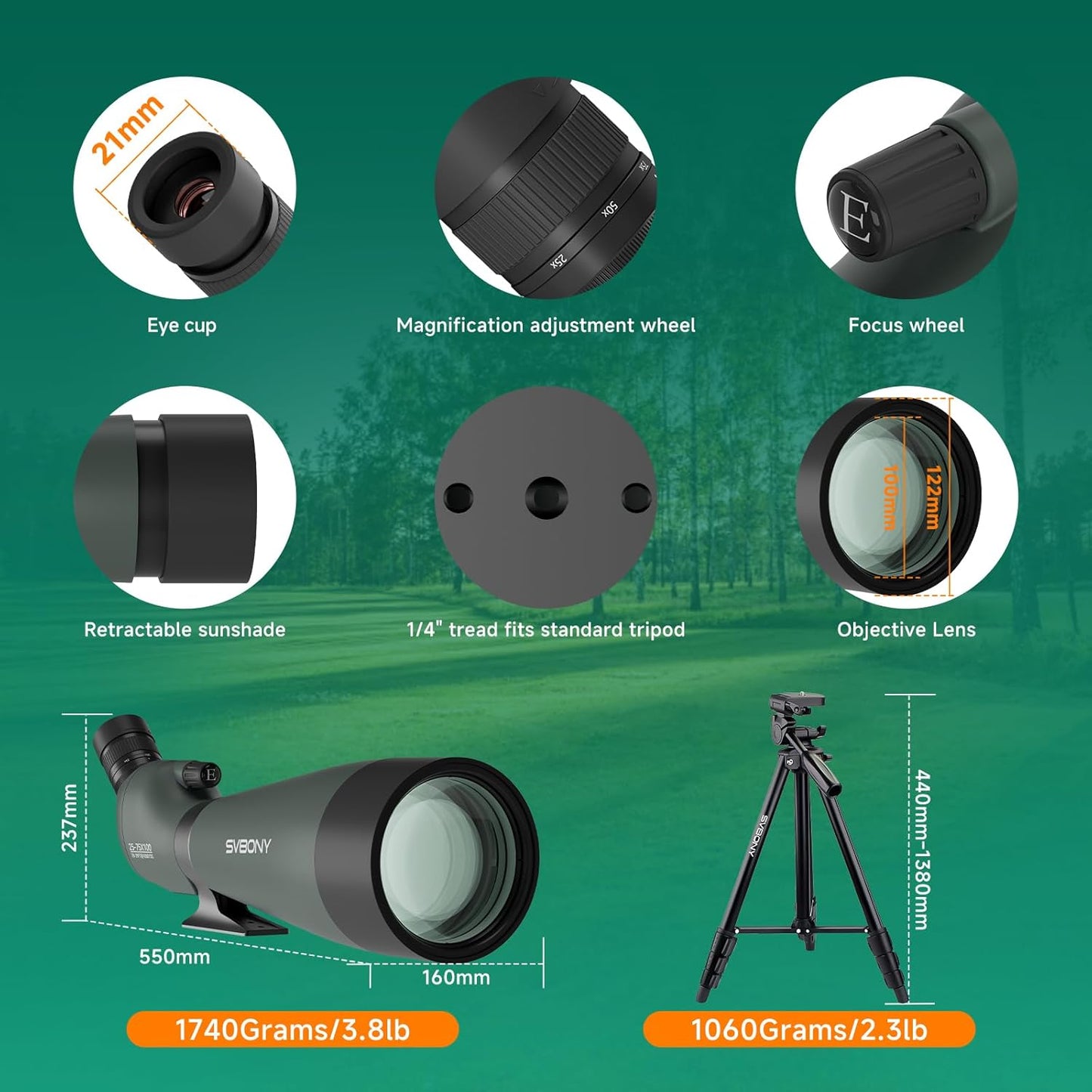 SVBONY SV28 20-60x80 New Version Spotting Scope for Target Observation, Long Range Spotter Scope with Phone Adapter,Shutter and Tripod, HD Scope for Bird Watching, Wildlife Observation