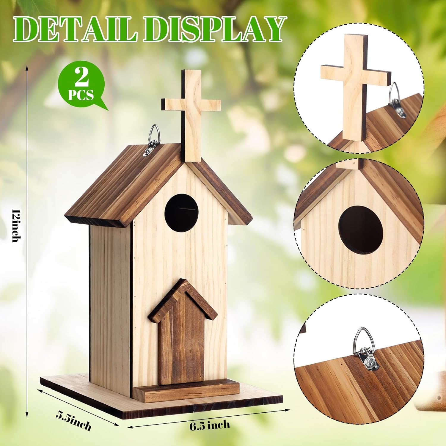 Leinuosen 2 Pcs Birdhouse Outdoor Hanging Wooden Church Birdhouse Cros