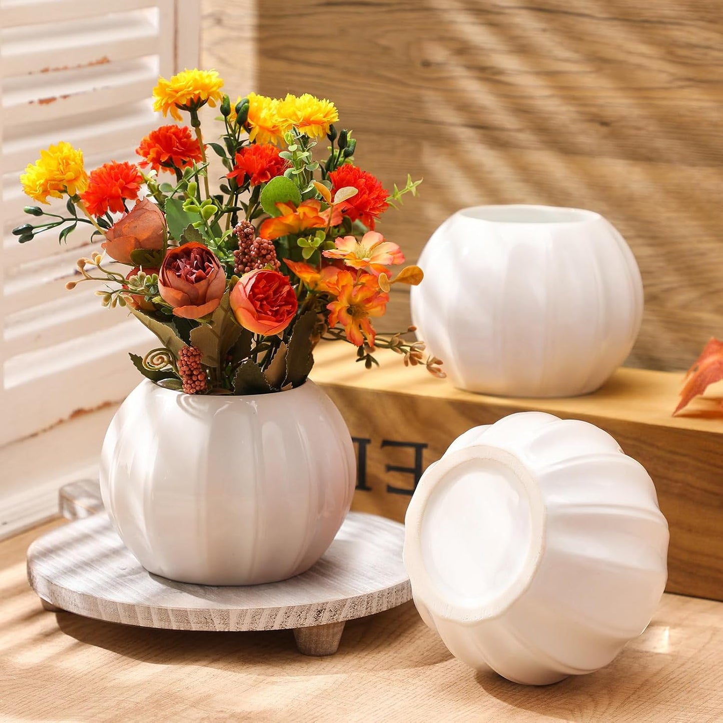 Sieral 3 Pcs Pumpkin Shape Ceramic Vase Fall Flower Vase 5.5 Inch White Ceramic Vase Pumpkin Flower Pot for Fall Thanksgiving Party Home Room Office Farmhouses Decoration