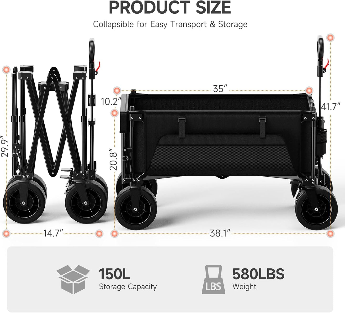 Collapsible Folding Wagon with Extended Tailgate, 150L & 580LBS Wagons
