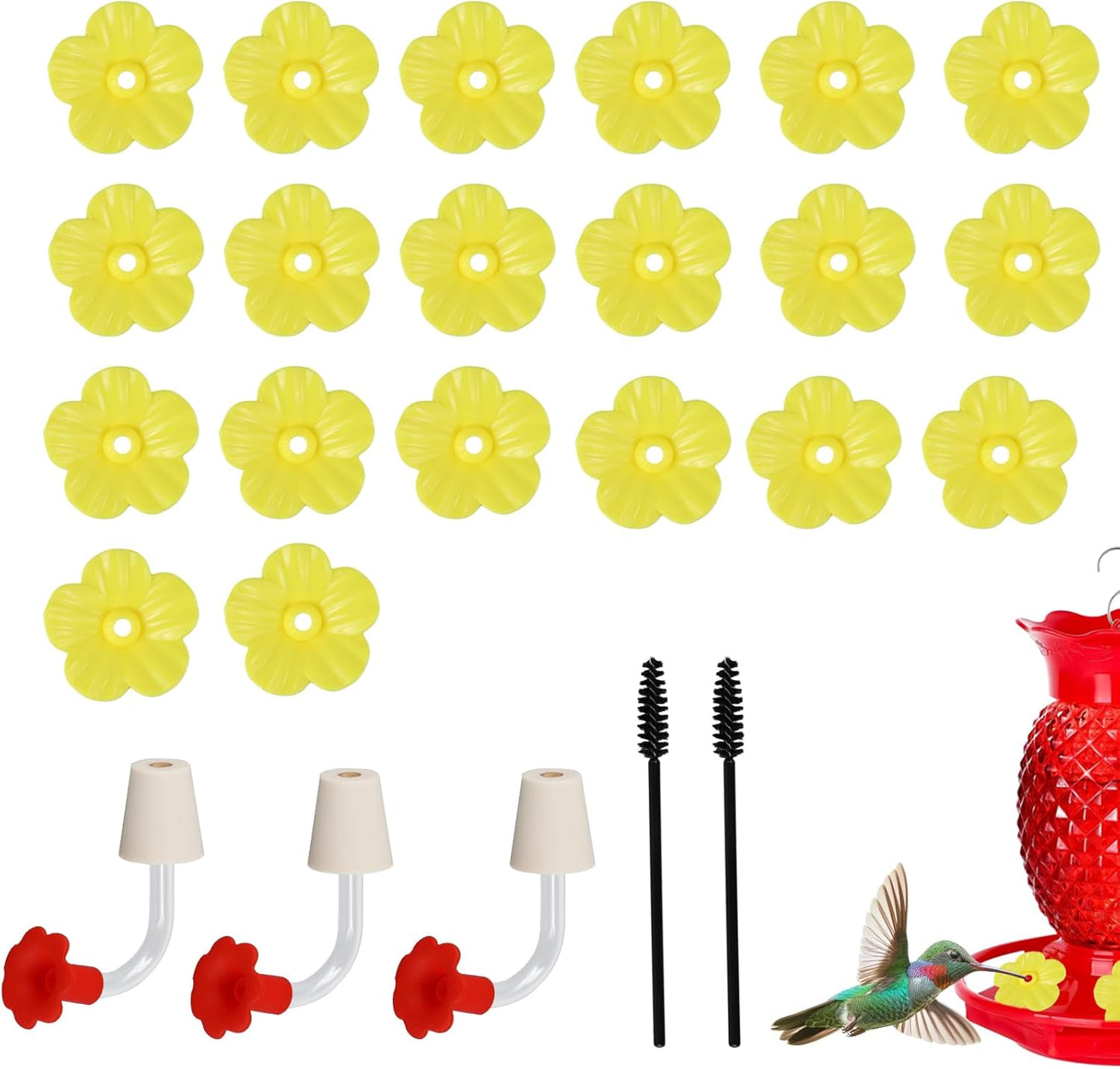 3PCS Hummingbird Feeder Parts, Humming Bird Feeder Replacement Parts, Comes with 20PCS Hummingbird Flowers and 2PCS Brushes, Suitable for DIY to Make Your Own Bird Feeder