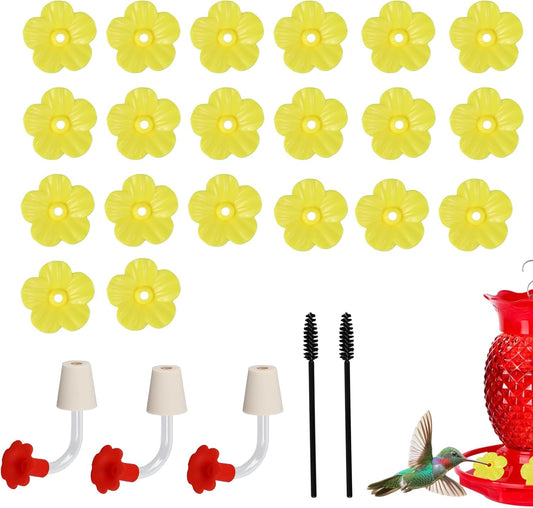 3PCS Hummingbird Feeder Parts, Humming Bird Feeder Replacement Parts, Comes with 20PCS Hummingbird Flowers and 2PCS Brushes, Suitable for DIY to Make Your Own Bird Feeder