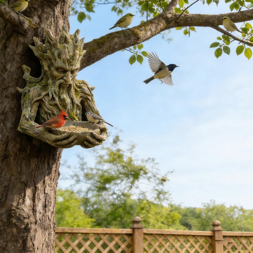 Tree Intergrted Bird Feeding, Outdoor Millennial Ancient Tree Bird Feeder, Tree-face Shaped Outdoor Bird Feeder with a Hidden Keyhole Hook, a Unique Garden and Patio Decoration, Ideal for Bird Lovers