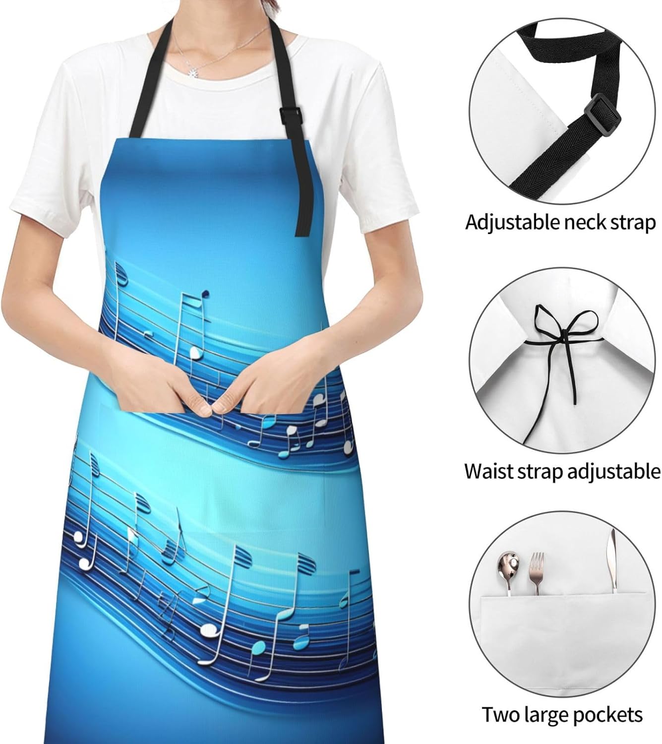 Sky blue musical notes Print Laundry apron 28x33 In Waterproof Kitchen Apron with Pockets for Cooking Baking