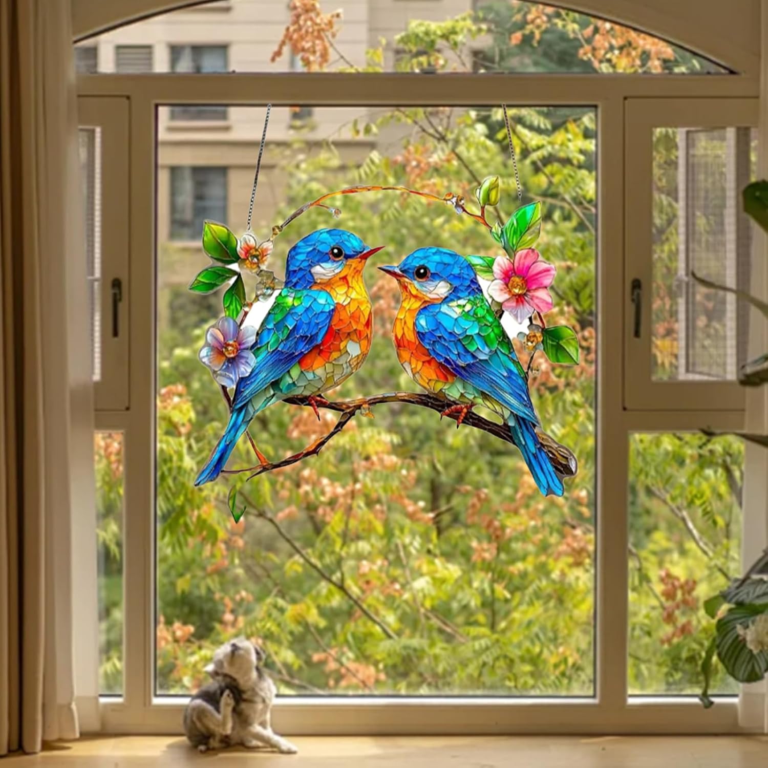 Hummingbird on Branch Suncatcher Stained Glass Window Hanging Hand-Pai