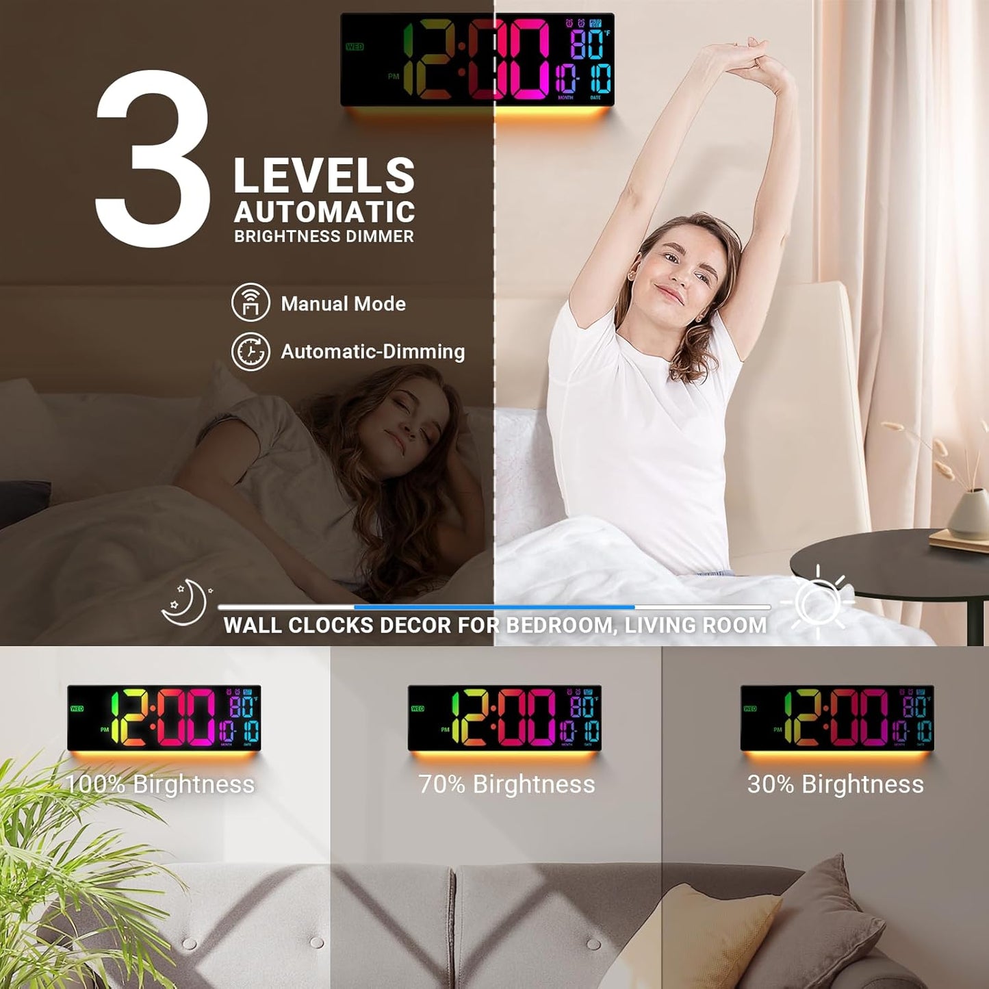 16.5인치 대형 디지털 벽시계: 11 RGB 컬러 LED 디스플레이, 리모컨, 자동 DST, 온도 및 날짜, 노인, 교실, 사무실, 체육관, 홈 데코를 위한 큰 숫자 벽시계 블랙