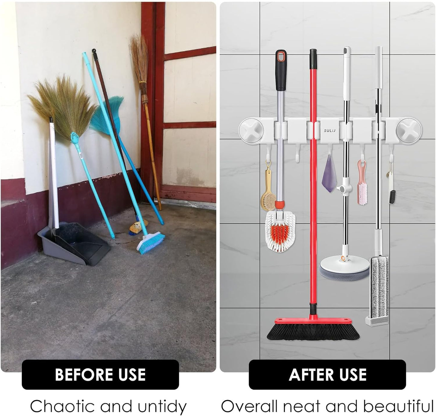 Broom Holder Wall Mount Sturdy Mop and Broom Organizer with 4 Racks an