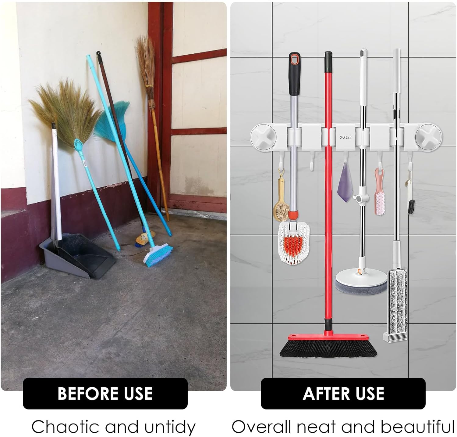 Broom Holder Wall Mount Sturdy Mop and Broom Organizer with 4 Racks an