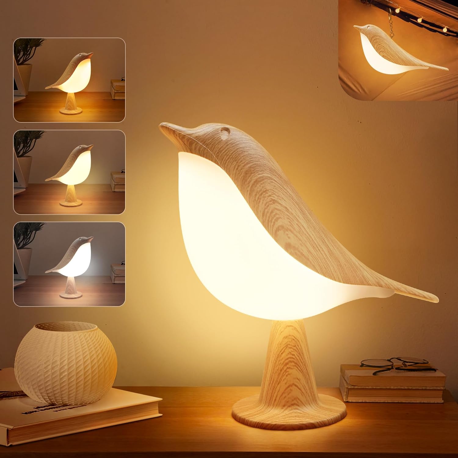 VViN 2 in 1 Small Desk Lamp, Bird Cordless Table Lamp with 3 Color Tem
