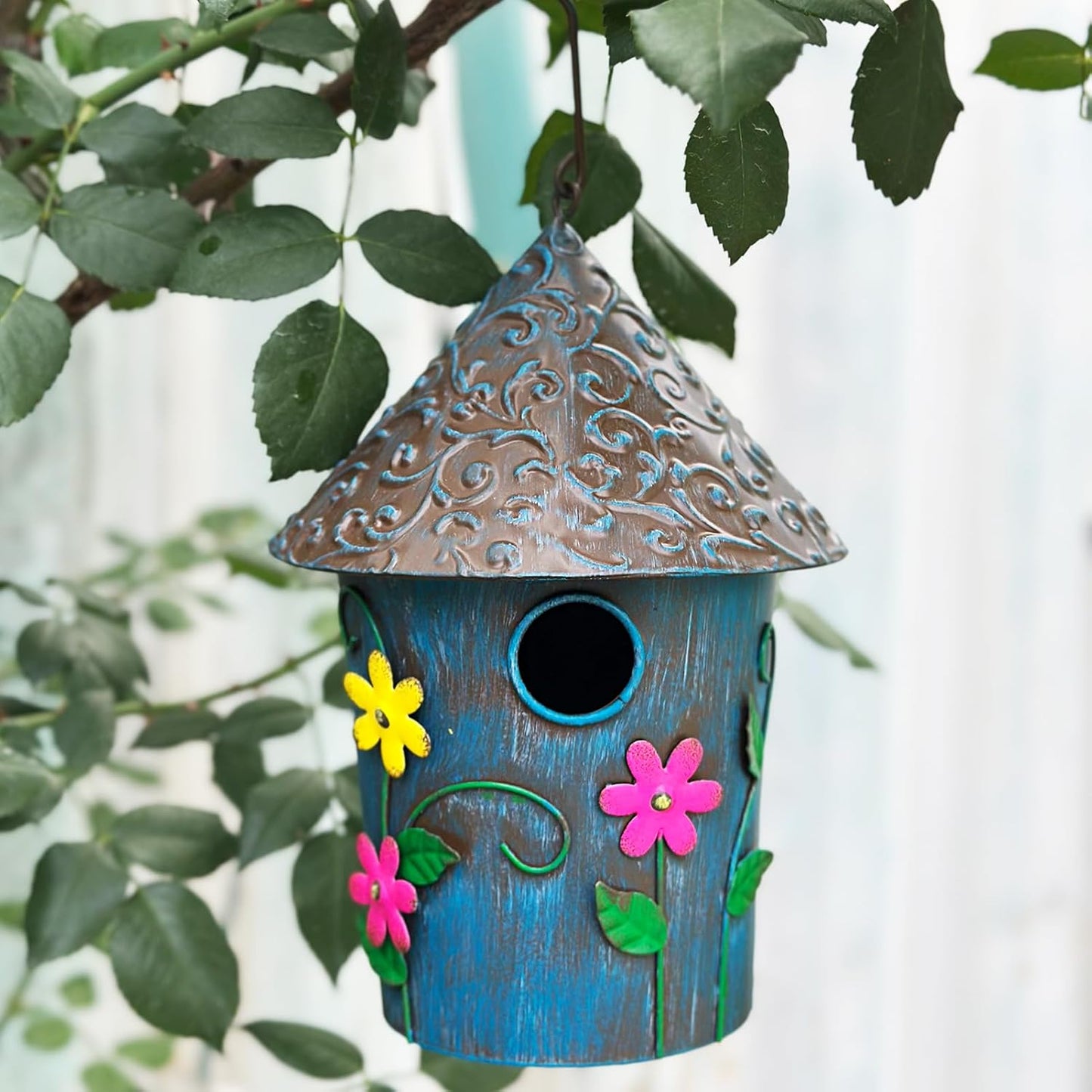 9.25" H Metal Hanging Decorative Birdhouse for Hummingbird with Paint - Bird Houses for Outside, Birdhouses for Outdoors, Bluebird Houses for Outside for Yard, Garden, Backyard. (Blue)