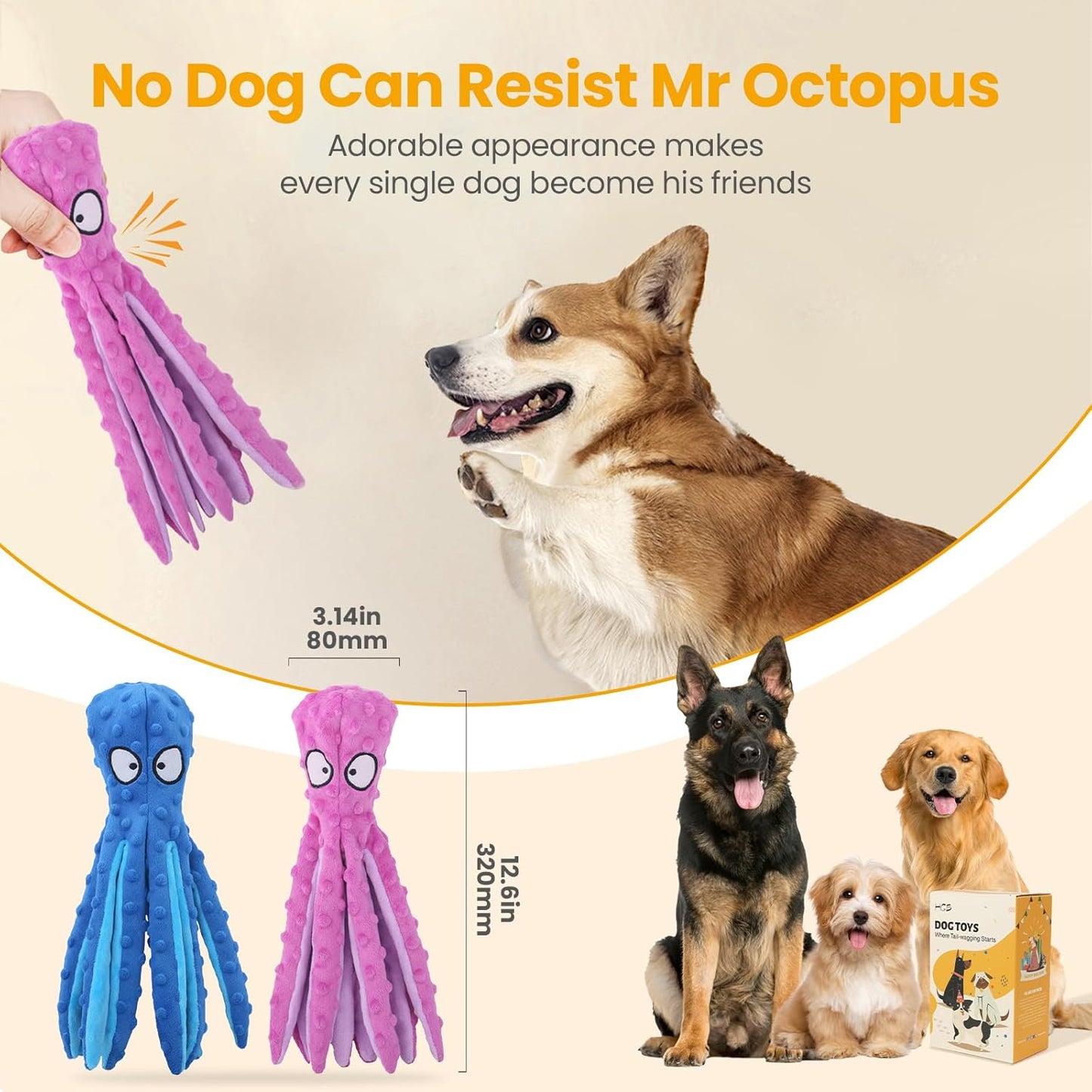 HGB Squeaky Dog Toys - Octopus No Stuffing Crinkle Plush Large Dog Toy