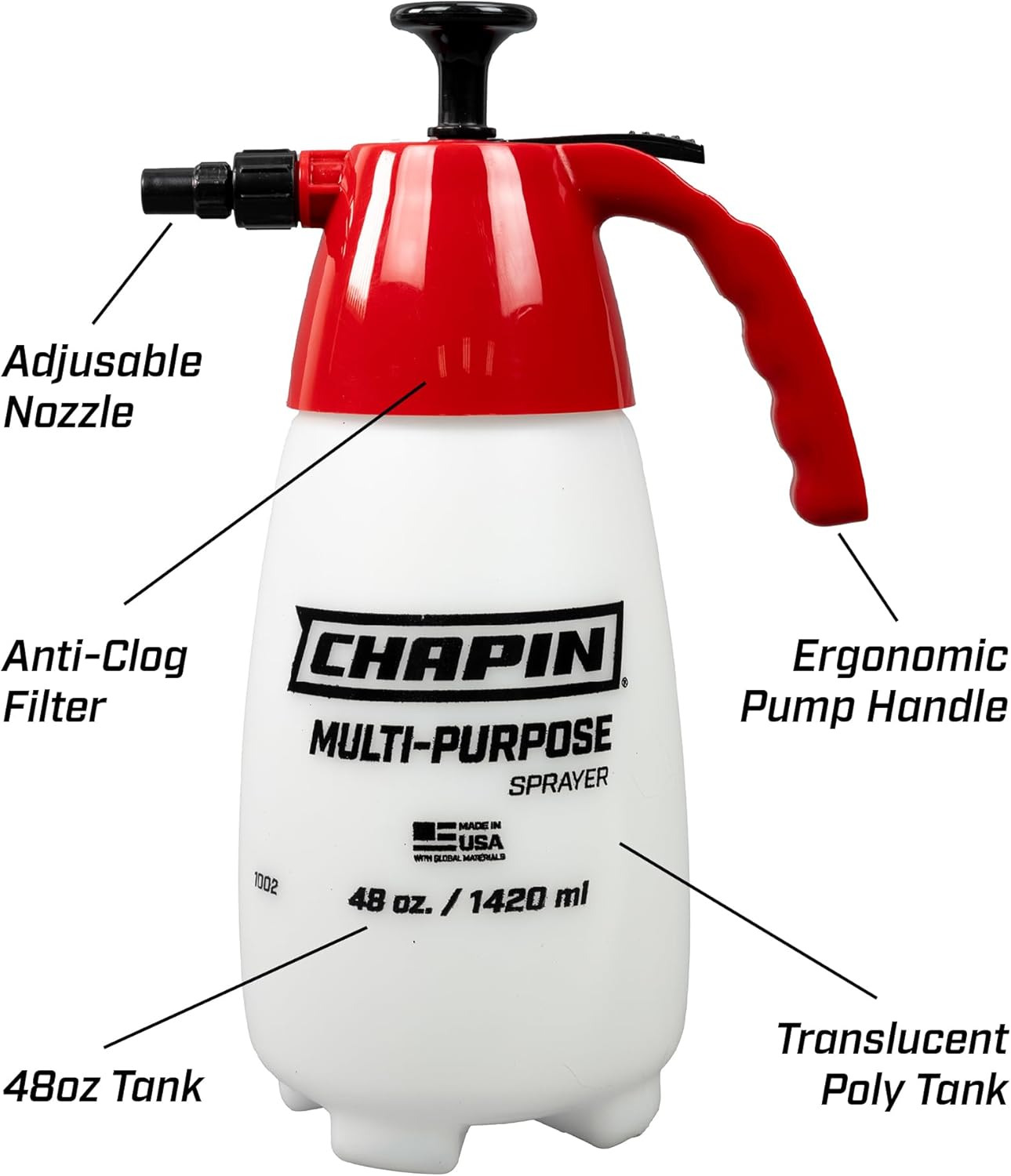 Chapin 1002 Handheld Pump Sprayer, 48oz, Multi‑Purpose, Lawn & Garden, Translucent Poly Tank, Wide‑Mouth Opening, Adjustable Cone Nozzle & Anti‑Clog Filter for Weed, Fertilizer & Pest Applications
