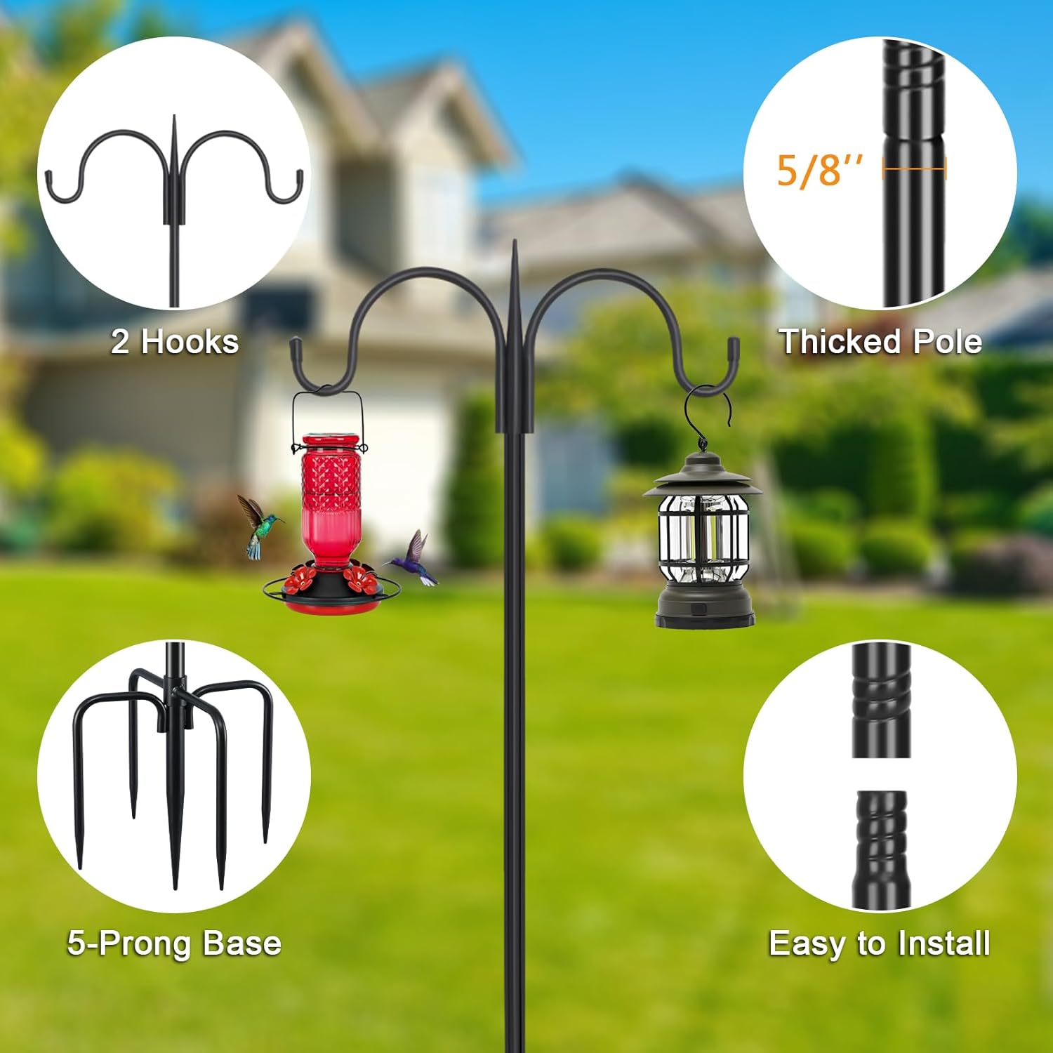 FEED GARDEN Adjustable Double Shepherds Hook for Outdoor with 5 Prong 