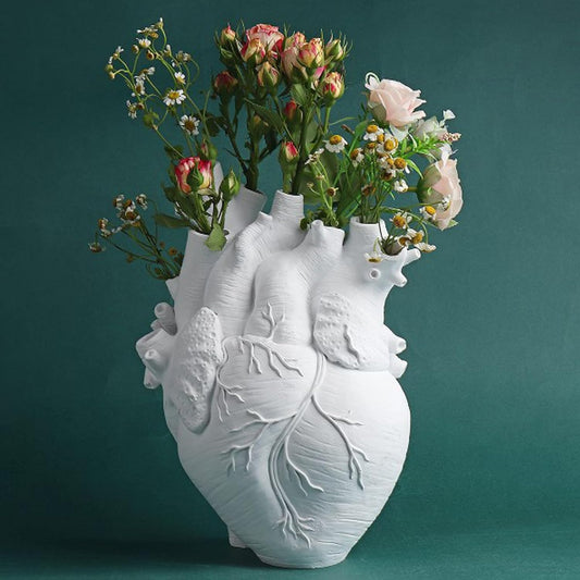 Resin Vase Planter, Decorative Heart Vase - Anatomical Heart Tabletop Decorative Craft, Farmhouse Living Room Bedroom Countertop (White,Small)