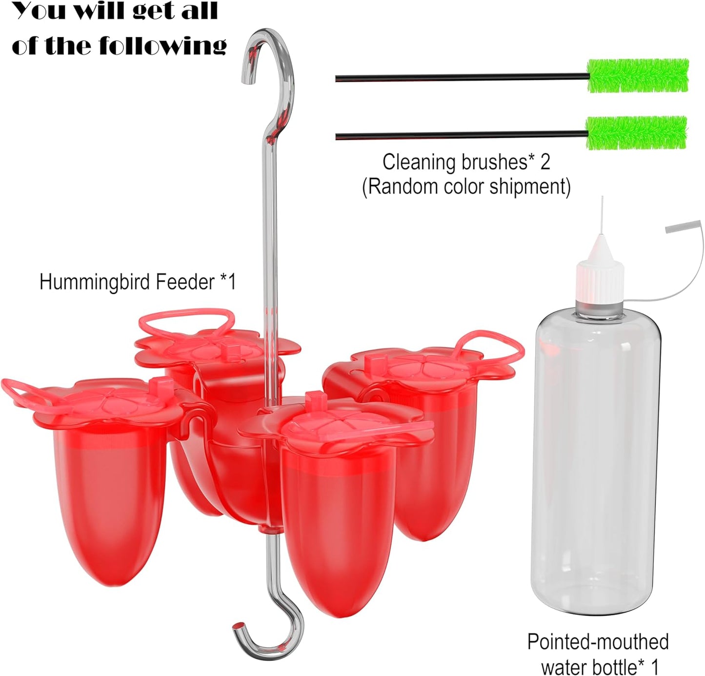 Red Plastic Small Hummingbird feeders for Outdoors Hanging, ant Moat, Bee Guards, 4 Feeding Ports & Perches, Easy to Clean and Refill, Including Hanging Hook/Cleaning Brushes & Pointed Water Bottle