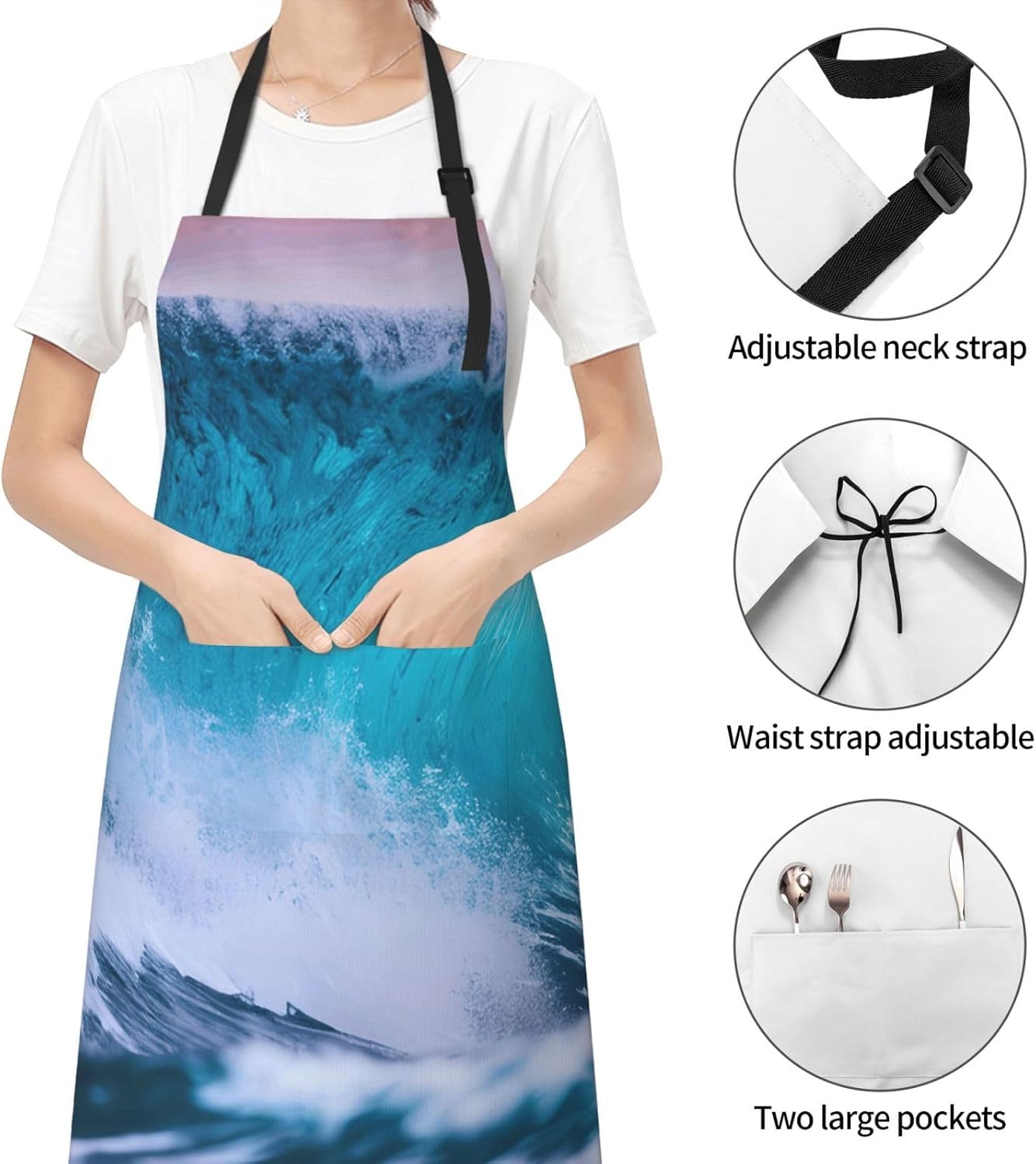YANYU Blue Ocean Wave Print 28x33 In Kitchen Apron Stylish Chef Apron 