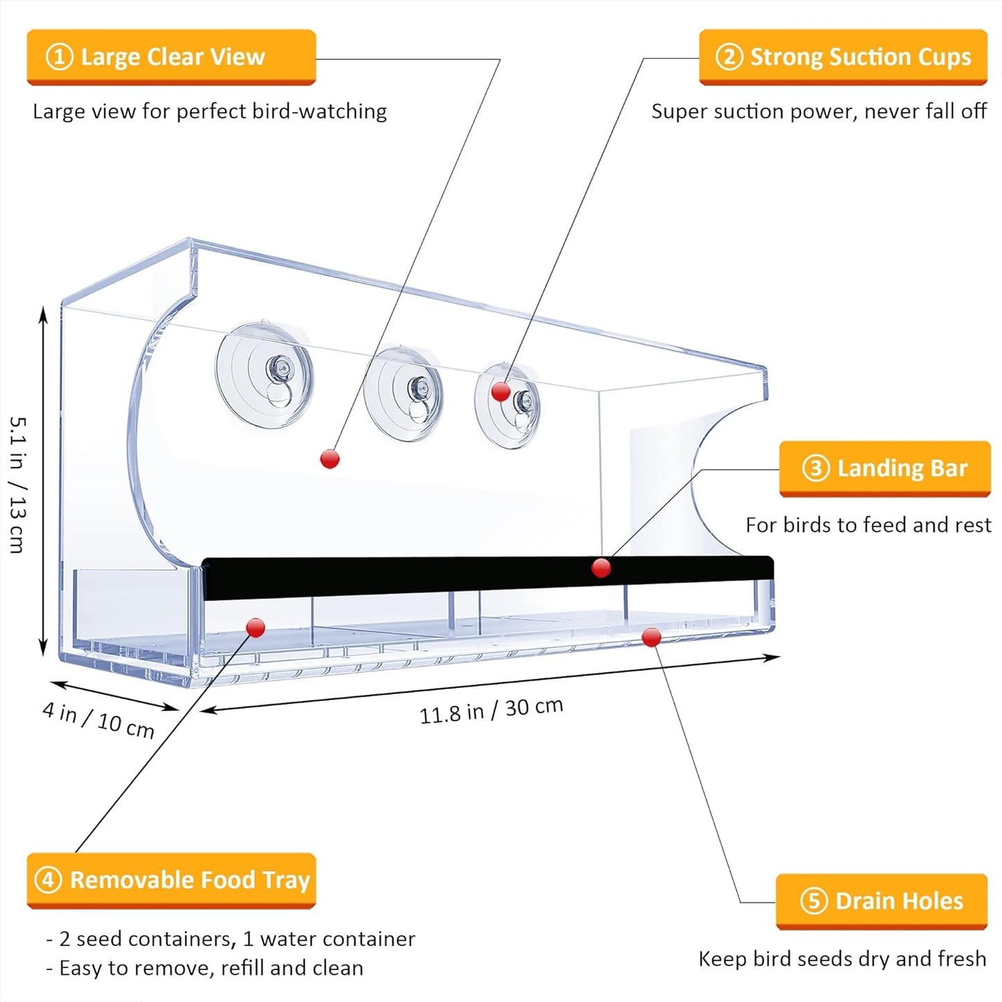 Window Bird Feeder with Strong Suction Cups, Large Clear Window Bird Feeders for Outside, Transparent Viewing Acrylic Birdfeeder for Wild Birds, Removable Seed Tray with Drain Holes, Easy to Clean.