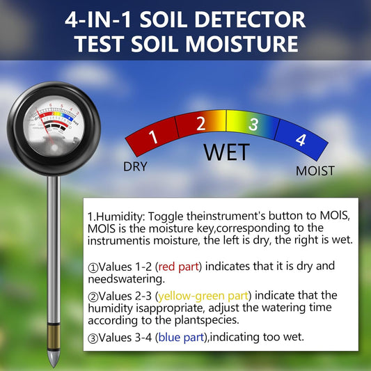 4-in-1 Soil Tester, Battery Free Plant Moisture Meter with PH/Moisture