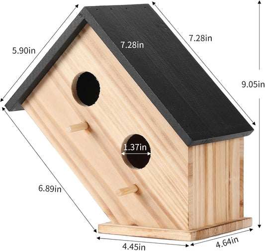 Bird House for Outside, Wooden Birdhouse for Outdoors Hanging - 2 Hole Wren House for Bluebirds Cardinals, Small Garden Bird House with Metal Hook
