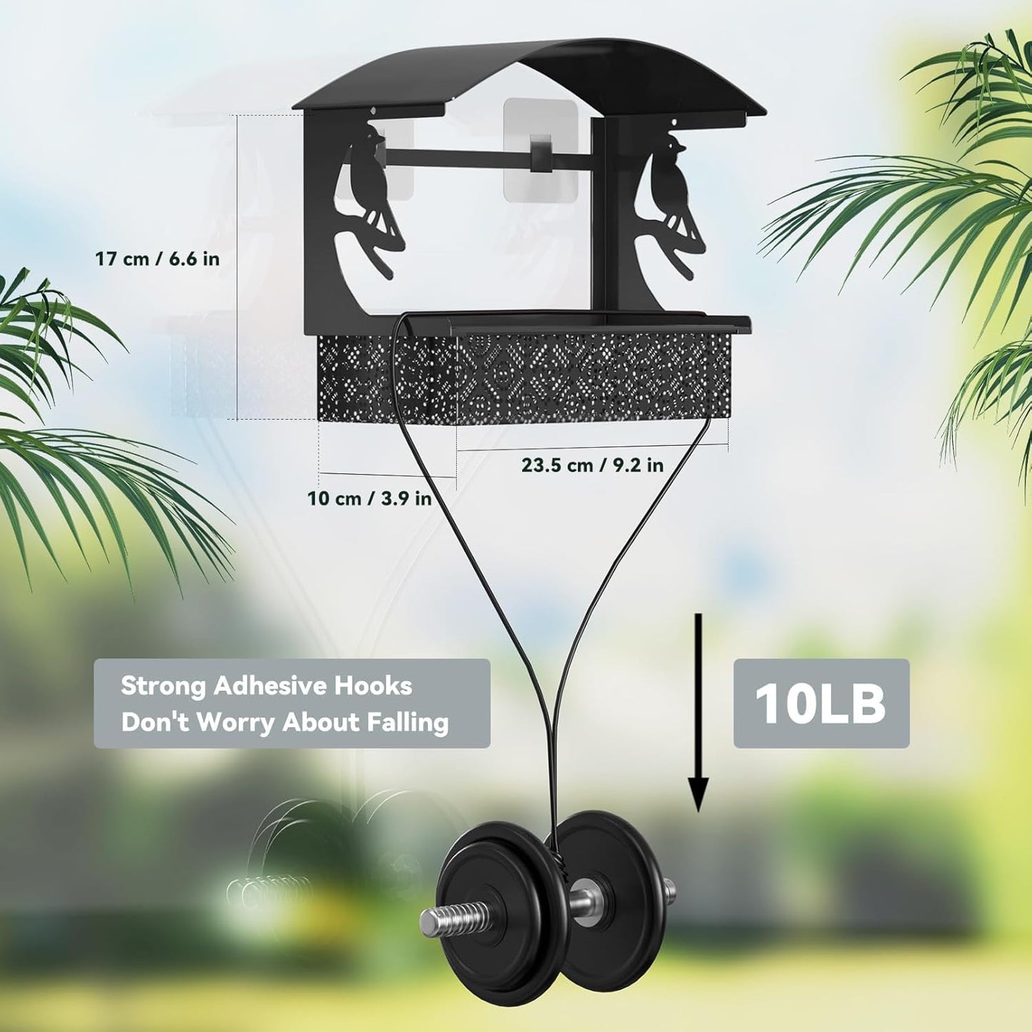 Window Bird Feeder with Heavy-Duty Adhesive Hooks for Outside,All-Season Metal Winter Bird Seed Feeder for Ultimate Window Viewing, 2-Pack (Black)