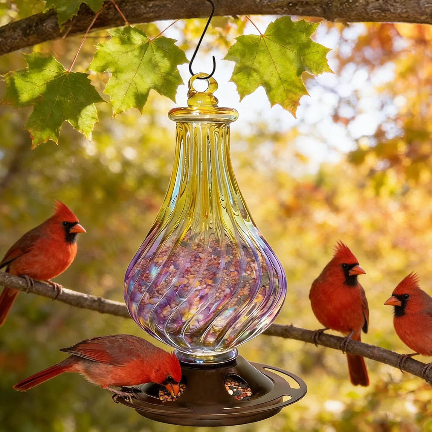 Bird Feeders for Outdoors – Hand Blown Glass Hanging Bird Feeder with Metal Base, 5 Feeding Ports, 24 oz Hanging Wild Bird Feeder for Cardinals & Blue Jays, Garden Decor Gift