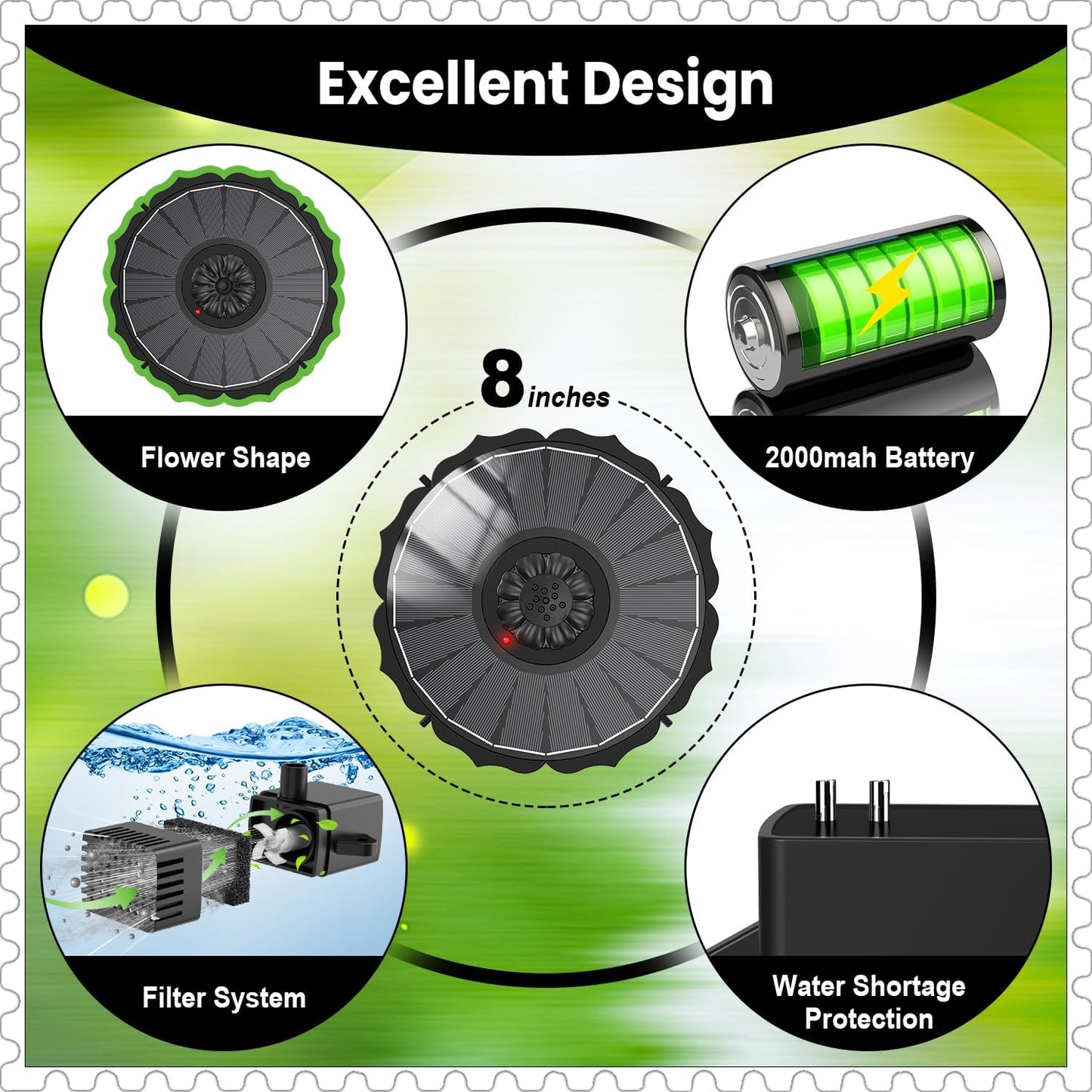 Yzert Solar Fountain with 2000mAh Battery & Innovative Indicator Works in Cloudy Day, 3.5W 2026 Glass Solar Water Fountain Pump Flower Shape with 7 Nozzles for Bird Baths, Pools, Outdoors (Black)