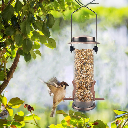MIXXIDEA Wild Bird Feeders for Outdoors Hanging 2 Pack Stainless Steel Tube Bird Feeder, Water Resistant Finch Bird Feeder for Garden Backyard Decoration Attractive Metal Thistle Feeder (Copper)