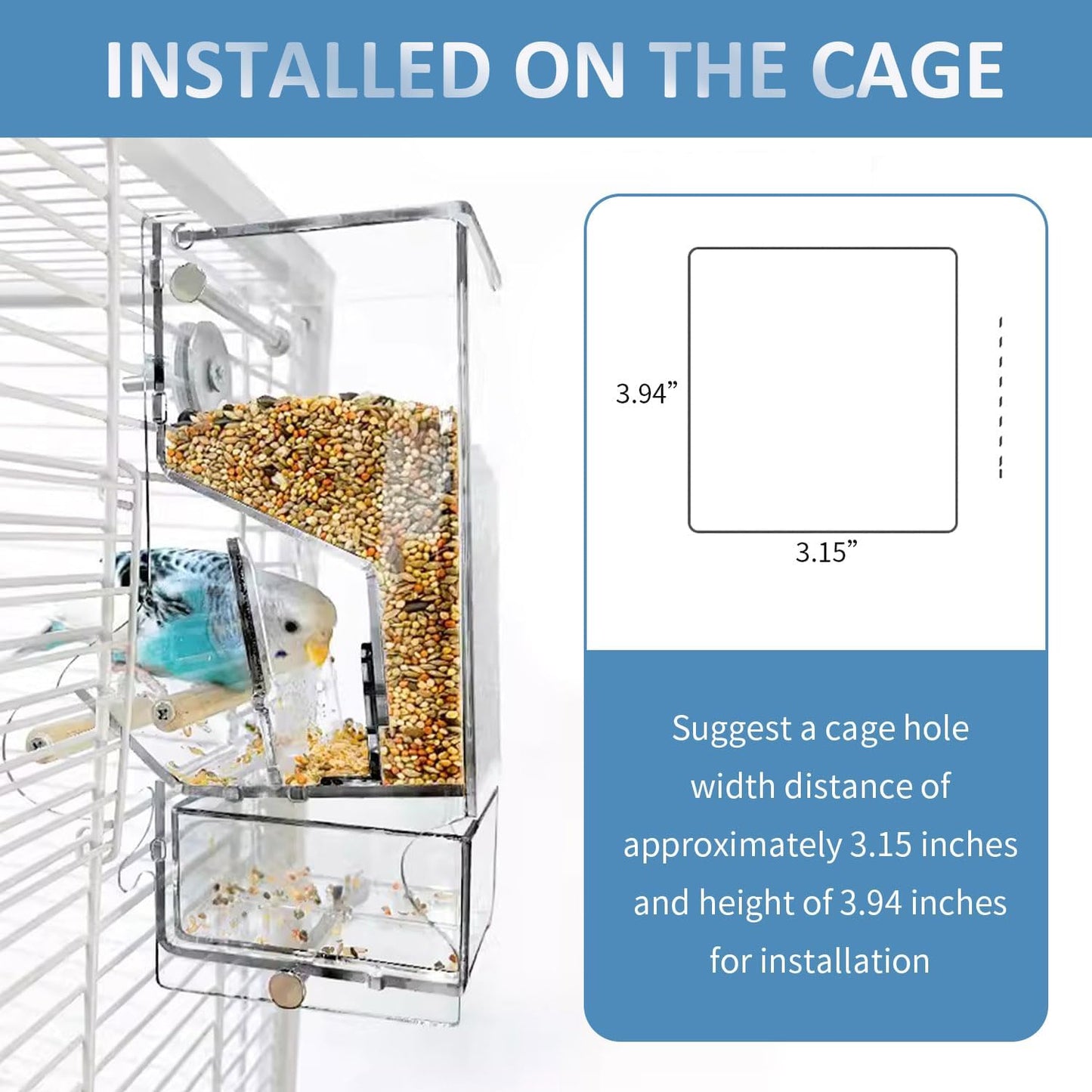 La La Pet®No Mess Automatic Bird Feeder for Cage Acrylic Bird Food Container Adjustable Bird Cage Feeder with Perch Parrot Feeding Station for Small Birds, Transparent