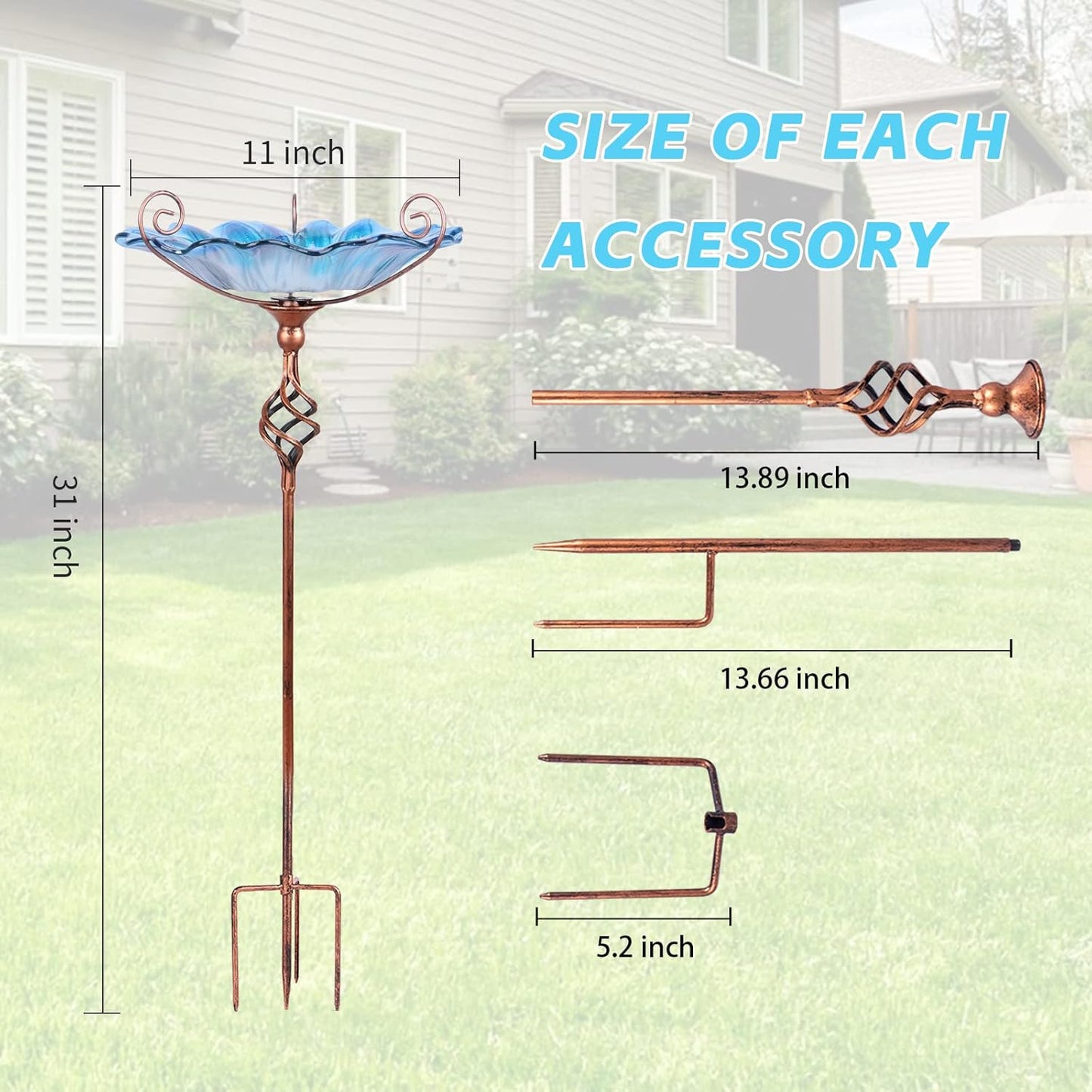 Bird Baths for Outdoors, Glass Birdbaths Outdoor Garden Birdfeeder with Metal Stake Blue (Height:31inch)