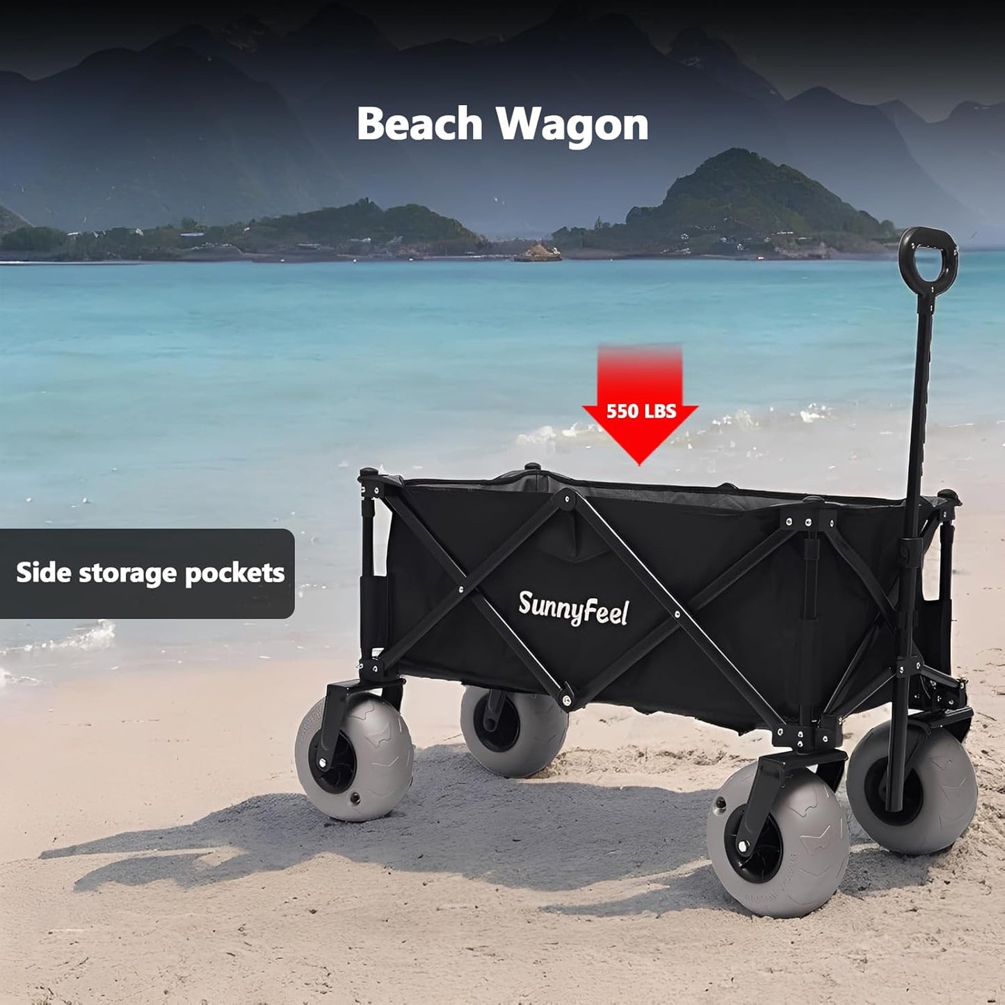 SUNNYFEEL 41" L Beach Wagon with Big Wheels for Sand - 550lbs Heavy Duty Folding Beach Wagon - All Terrain Steel Frame with 9" Pneumatic Tires for Beach,Camping,Sports,Garden (Black)