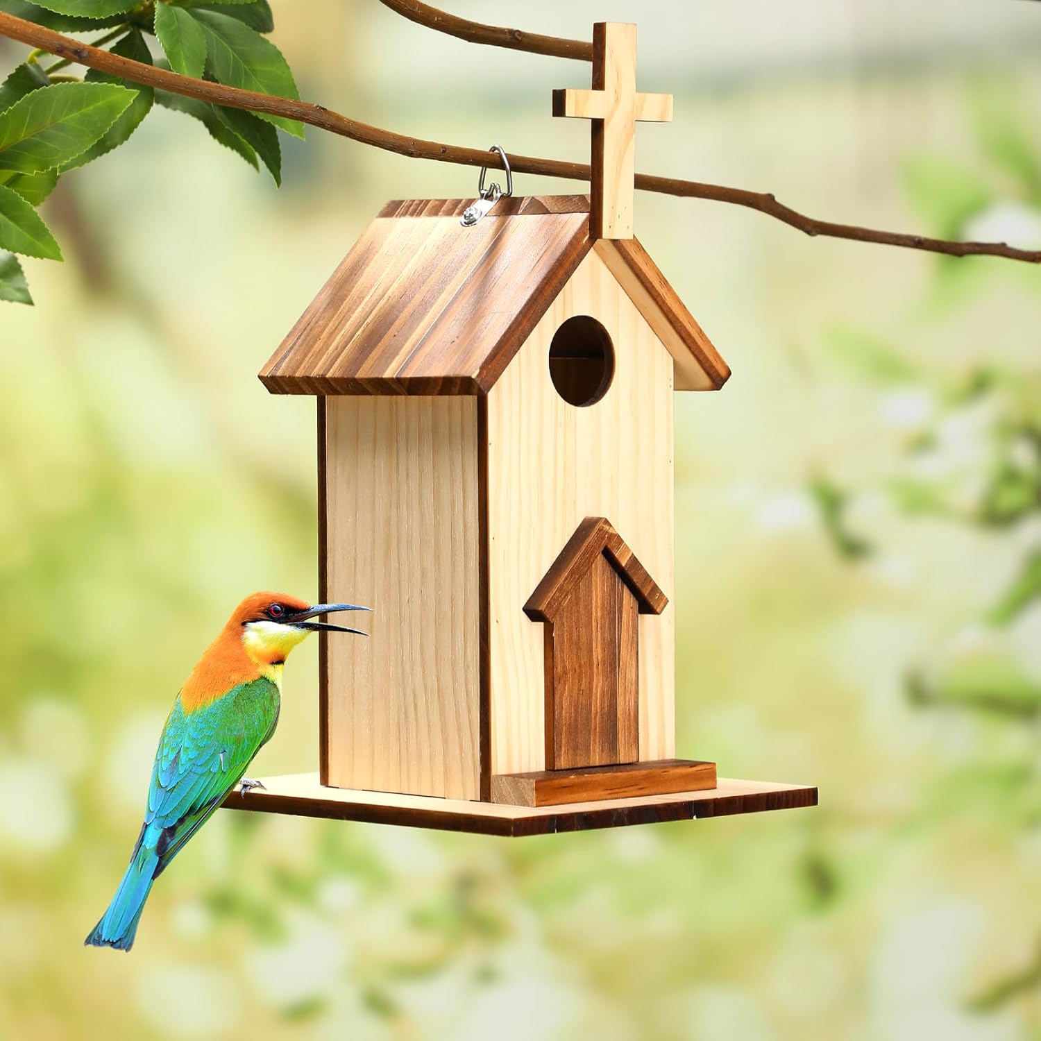 Leinuosen 2 Pcs Birdhouse Outdoor Hanging Wooden Church Birdhouse Cros